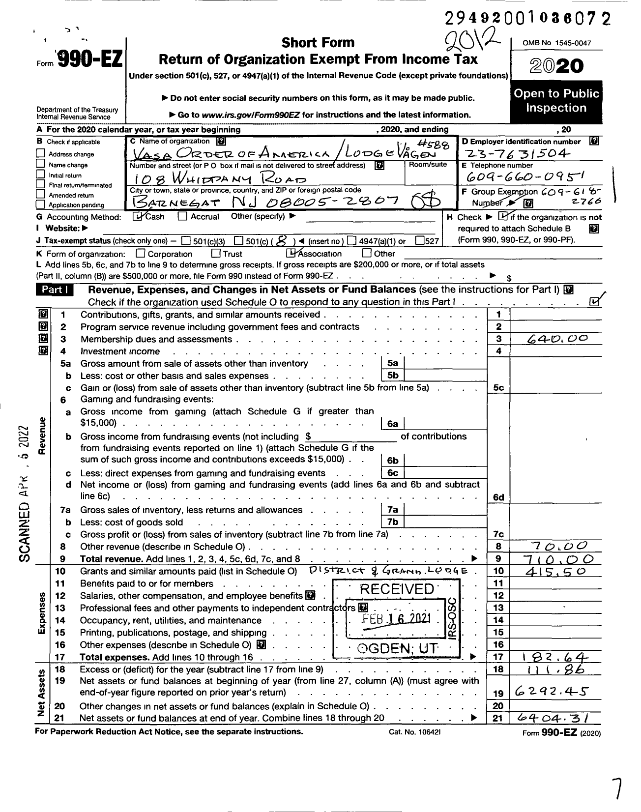 Image of first page of 2020 Form 990EO for Vasa Order of America - 588 Vagen