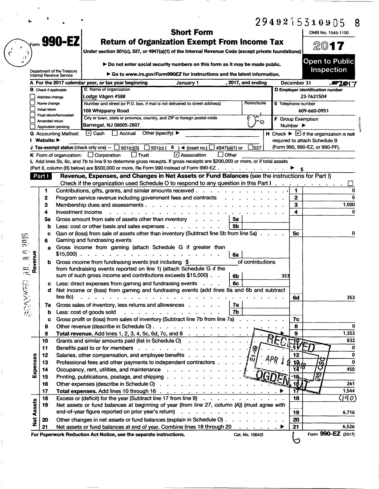 Image of first page of 2017 Form 990EO for Vasa Order of America - 588 Vagen