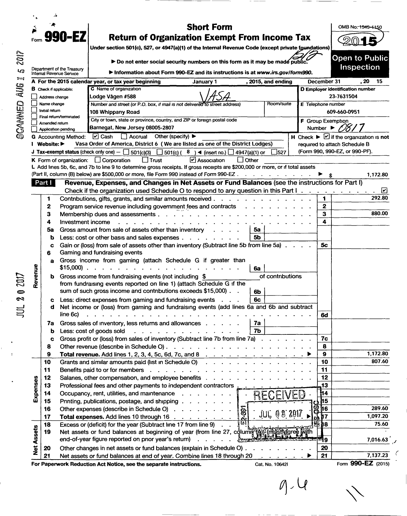 Image of first page of 2015 Form 990EO for Vasa Order of America - 588 Vagen