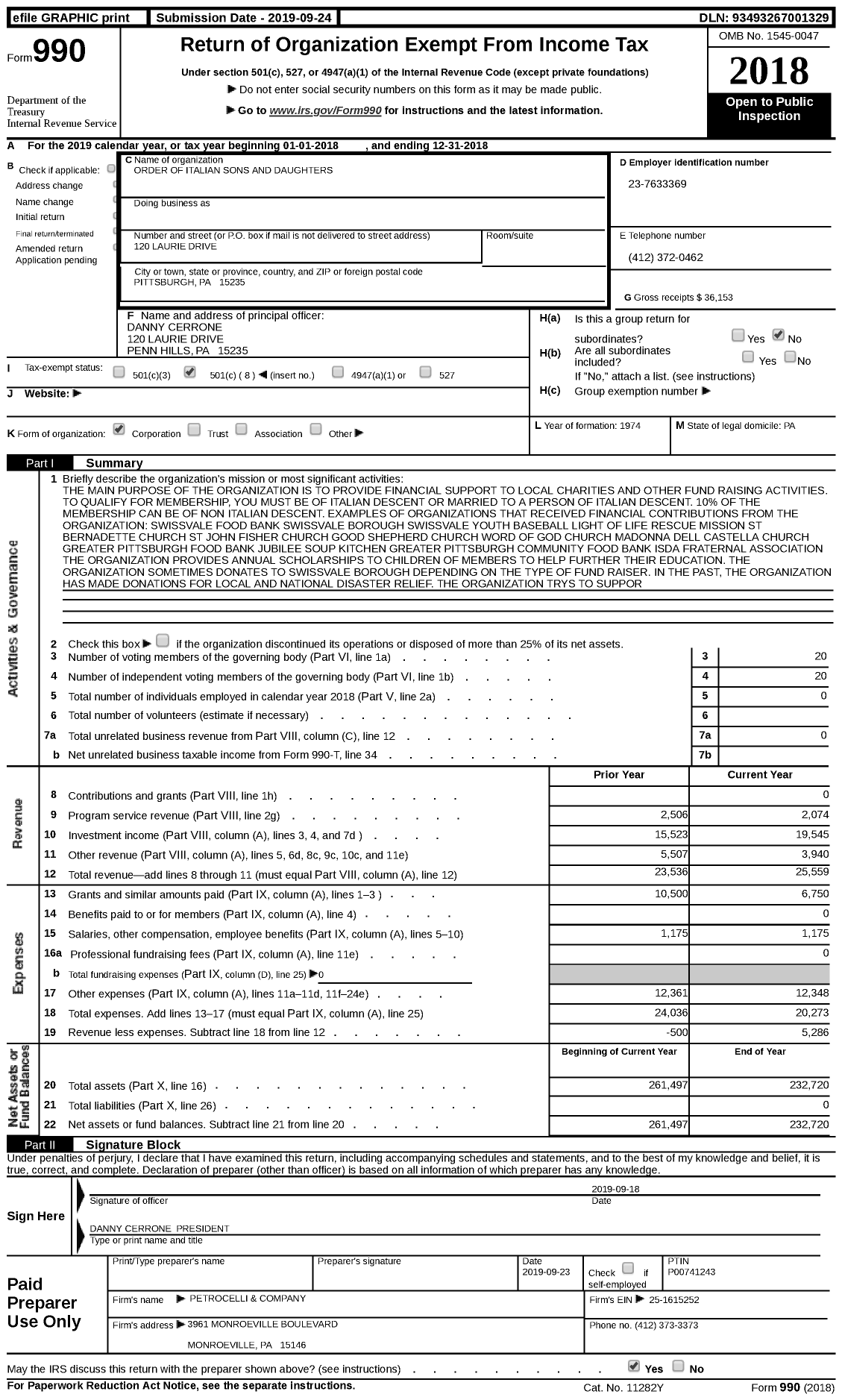 Image of first page of 2018 Form 990 for Order Italian Sons and Daughters of America - 149 Primavera Lodge