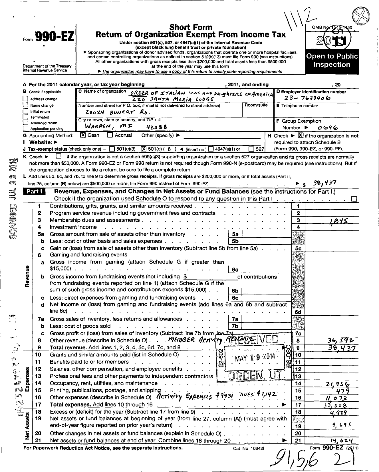 Image of first page of 2011 Form 990EO for Order Italian Sons and Daughters of America - 220 Santa Maria Lodge