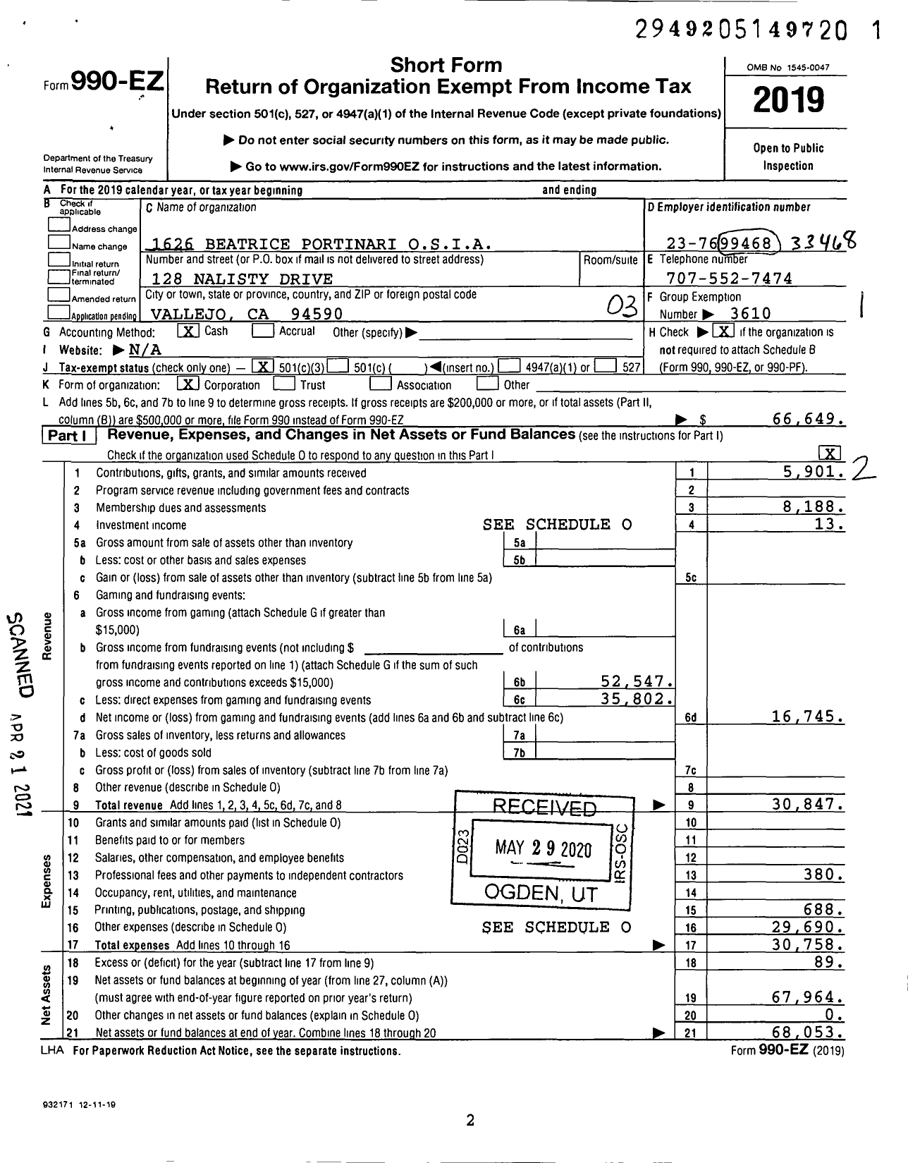 Image of first page of 2019 Form 990EZ for Order Sons and Daughters of Italy in America - 1626 Beatrice Portinari