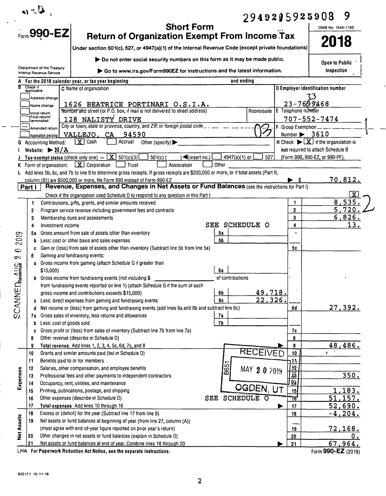 Image of first page of 2018 Form 990EZ for Order Sons and Daughters of Italy in America - 1626 Beatrice Portinari