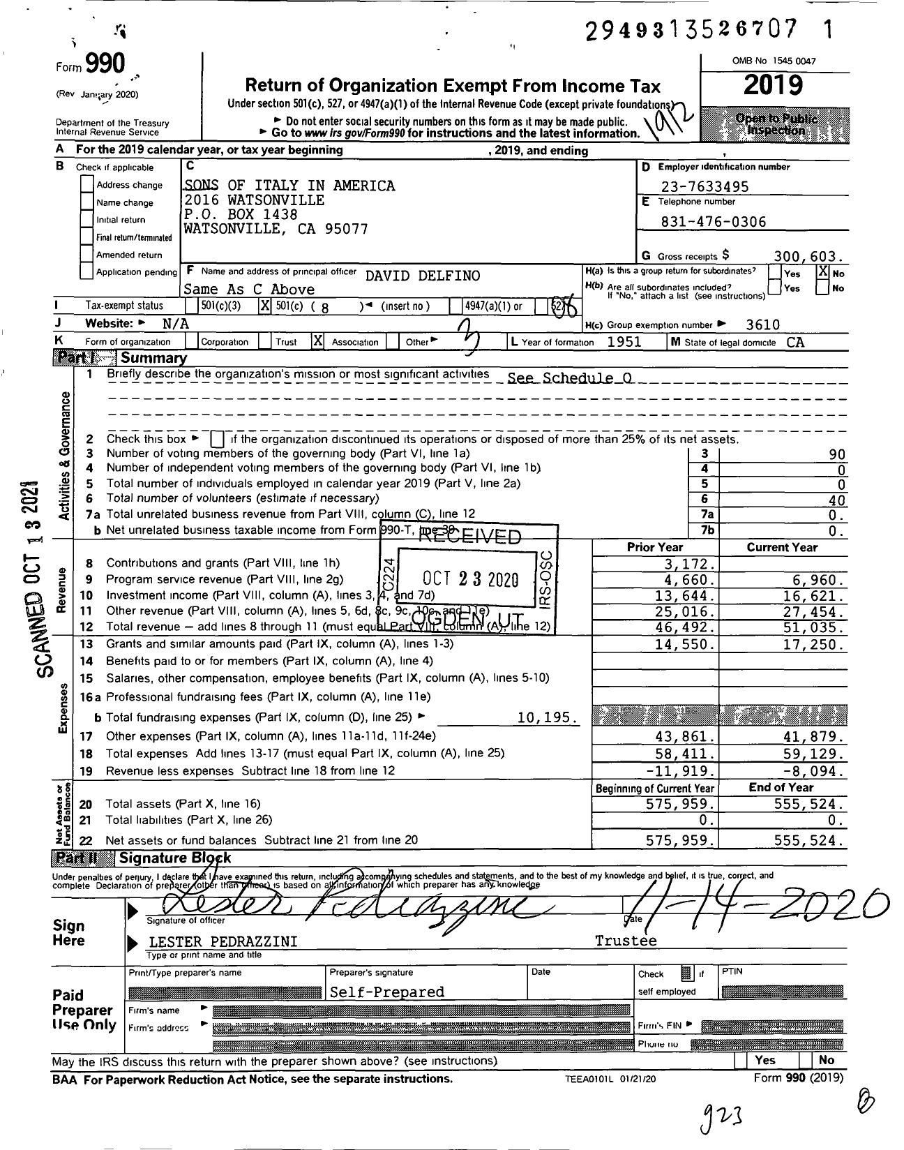 Image of first page of 2019 Form 990O for Order Sons and Daughters of Italy in America - 2016 Watsonville