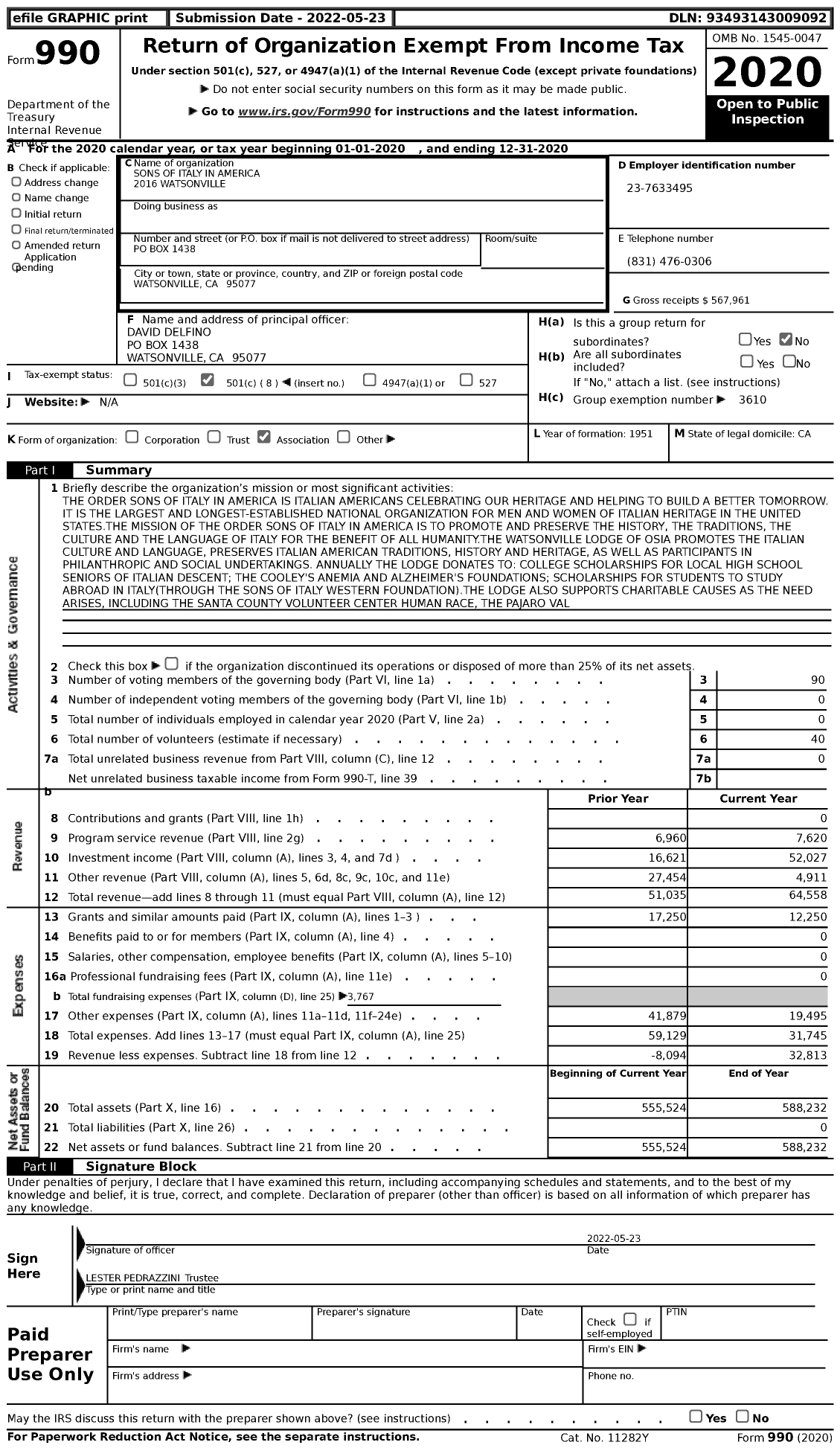 Image of first page of 2020 Form 990 for Order Sons and Daughters of Italy in America - 2016 Watsonville