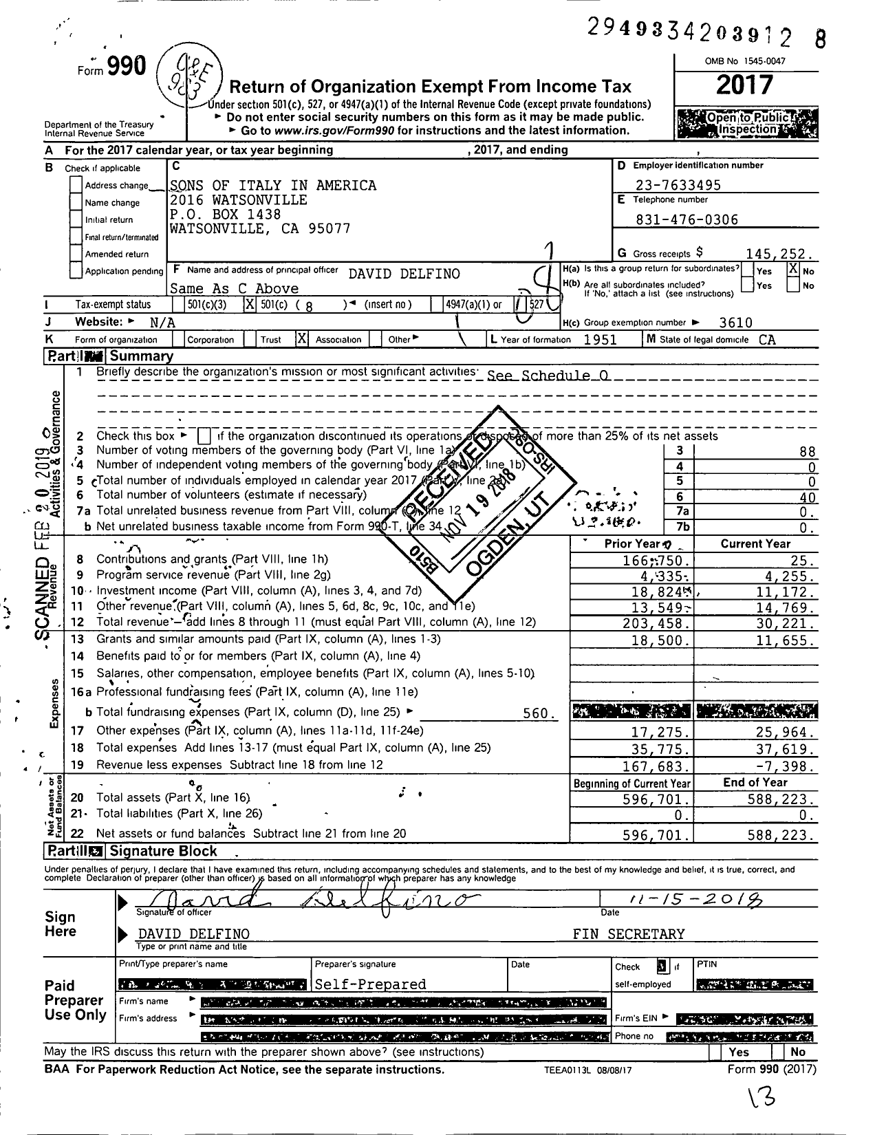 Image of first page of 2017 Form 990O for Order Sons and Daughters of Italy in America - 2016 Watsonville