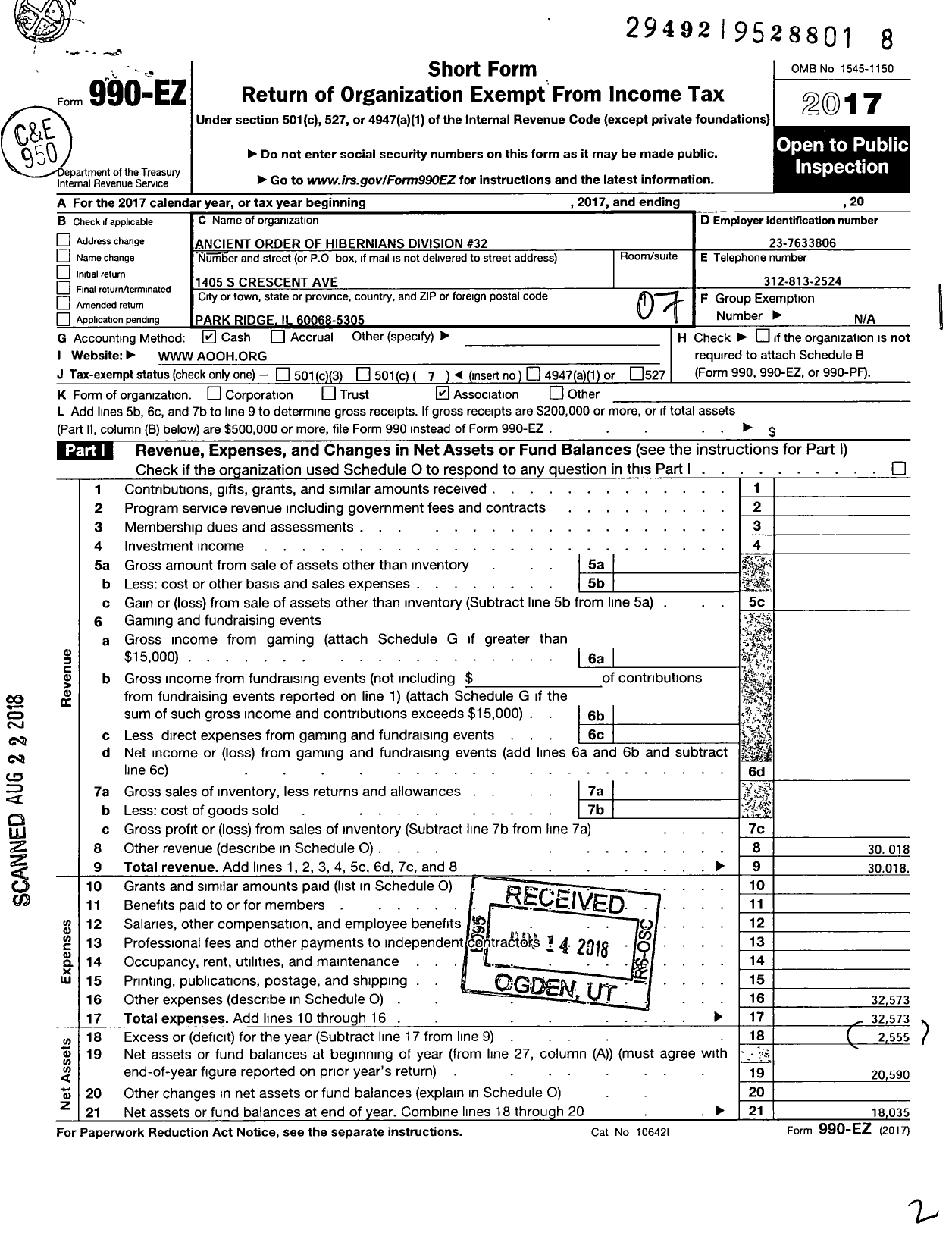 Image of first page of 2017 Form 990EO for Ancient Order of Hibernians in America - 11 32