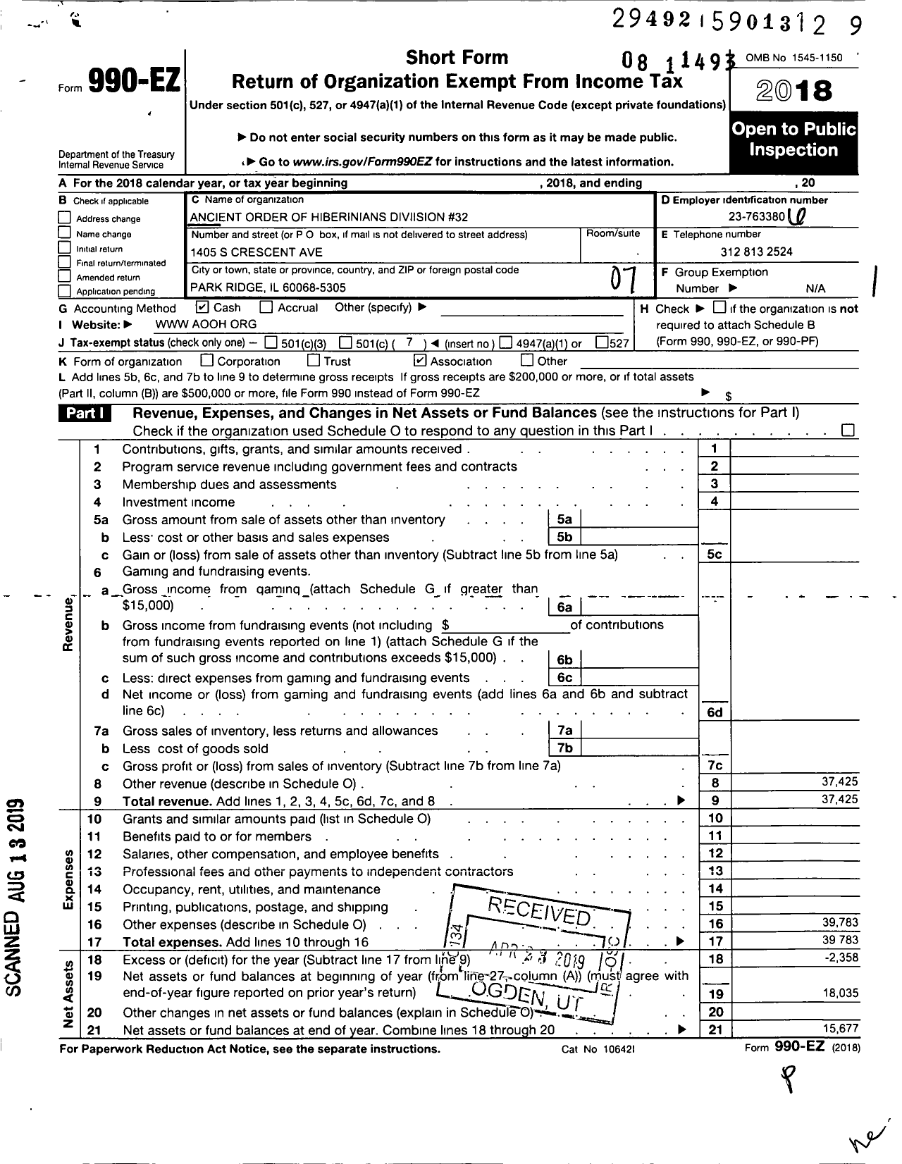 Image of first page of 2018 Form 990EO for Ancient Order of Hibernians in America - 11 32