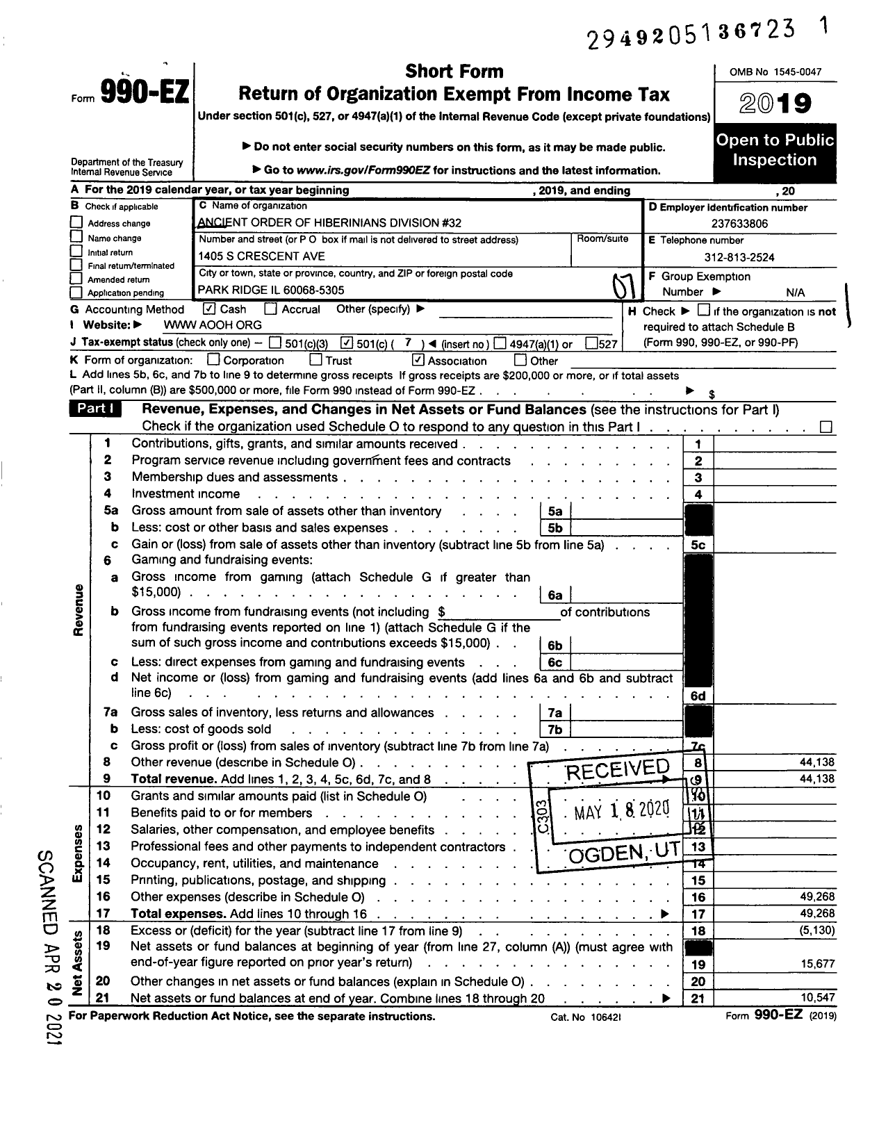 Image of first page of 2019 Form 990EO for Ancient Order of Hibernians in America - 11 32