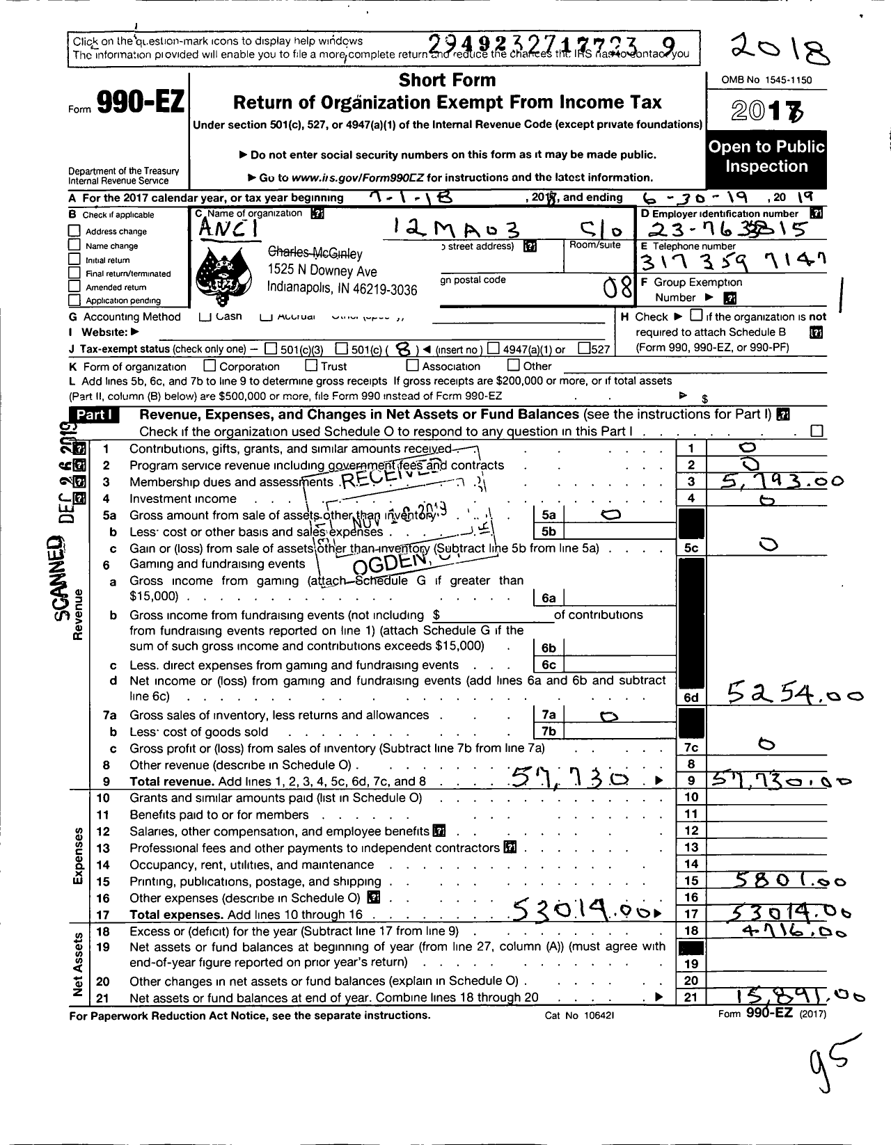 Image of first page of 2018 Form 990EO for Ancient Order of Hibernians in America / 12ma03