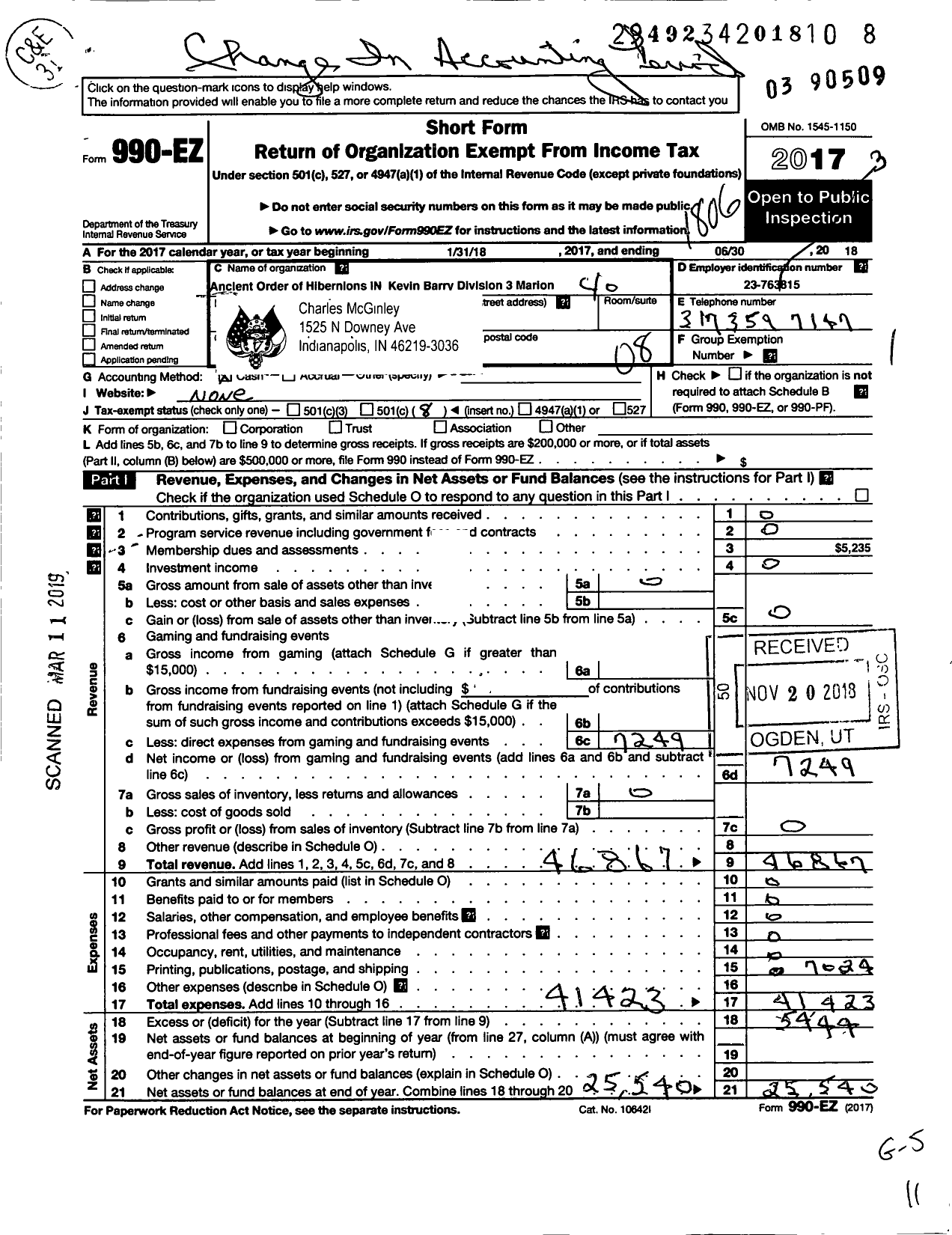 Image of first page of 2017 Form 990EO for Ancient Order of Hibernians in America / 12ma03