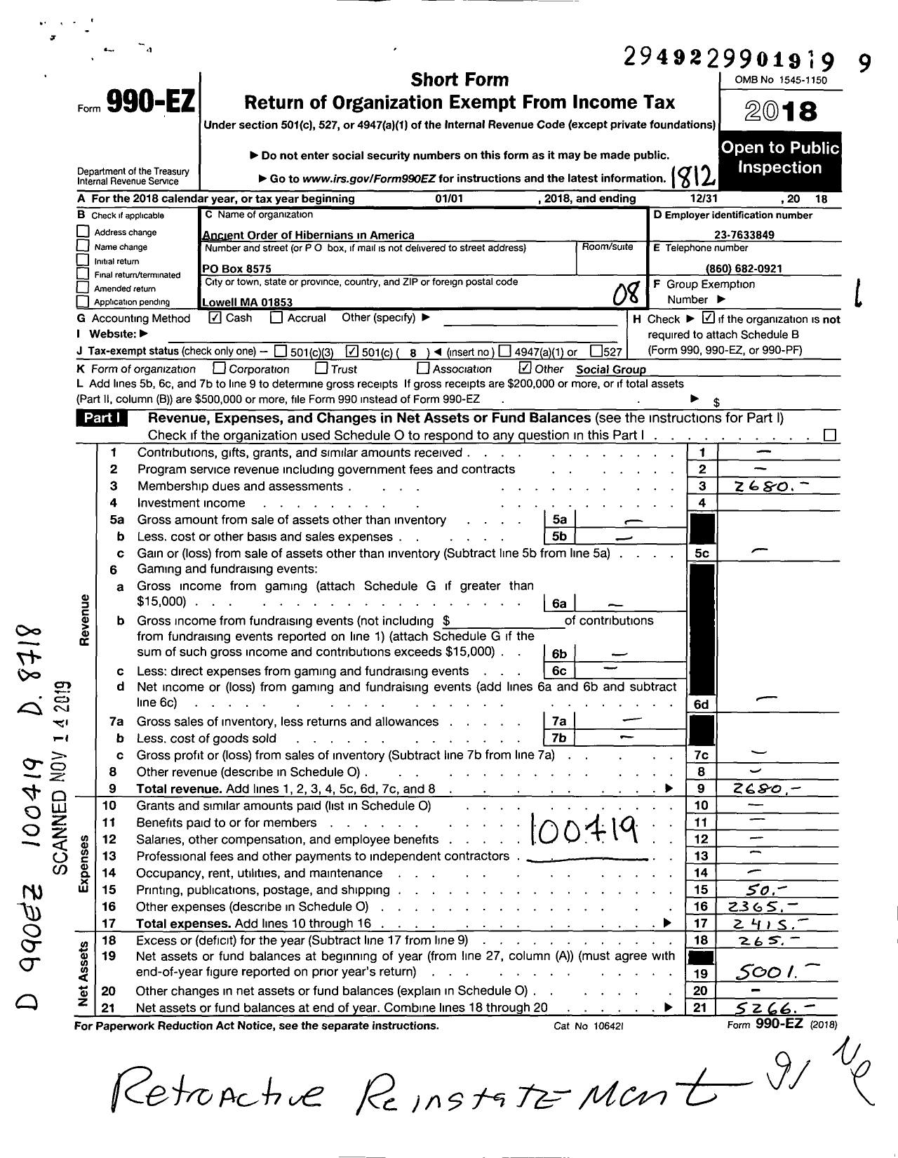 Image of first page of 2018 Form 990EO for Ancient Order of Hiberians in America 19 Lowell Division