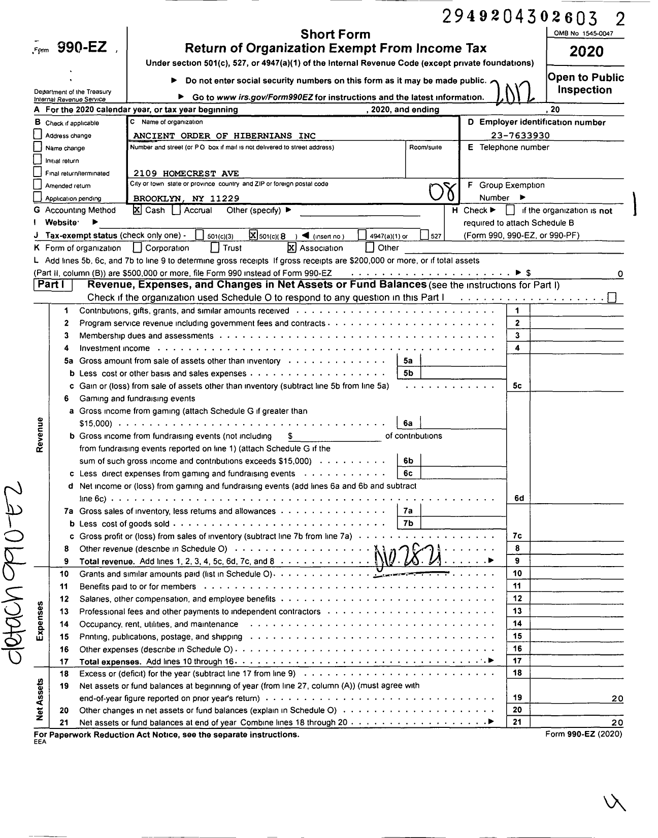 Image of first page of 2020 Form 990EO for Ancient Order of Hibernians