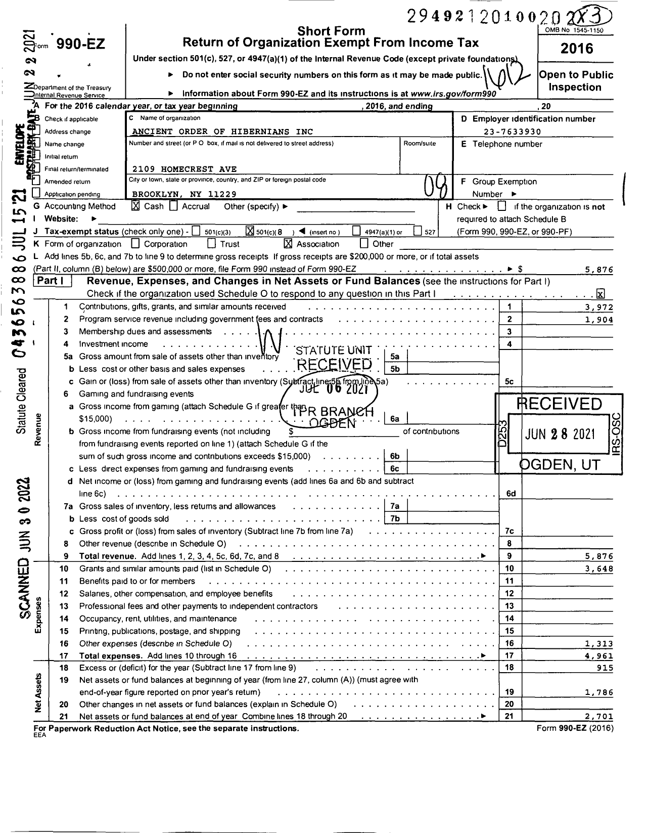 Image of first page of 2016 Form 990EO for Ancient Order of Hibernians