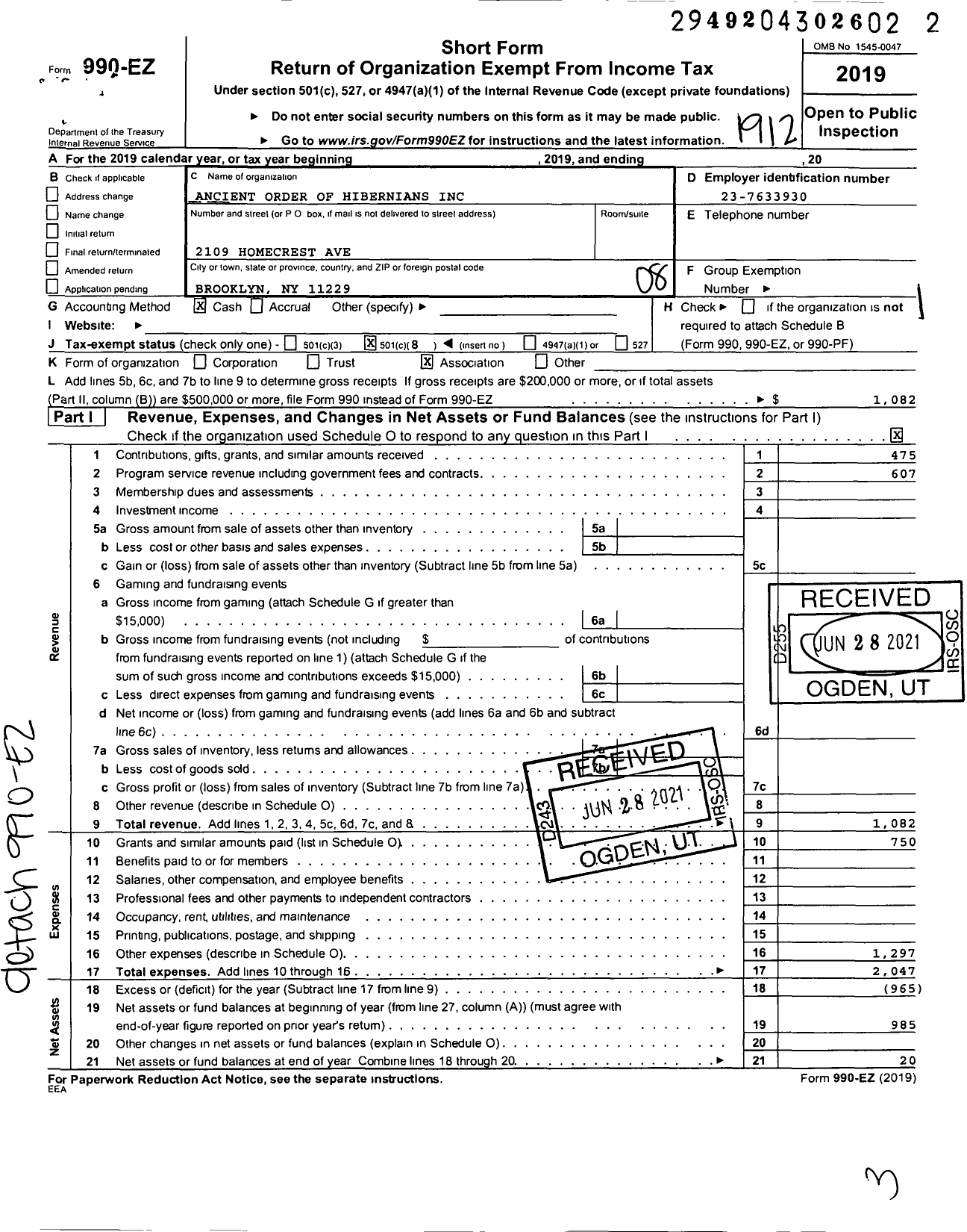 Image of first page of 2019 Form 990EO for Ancient Order of Hibernians