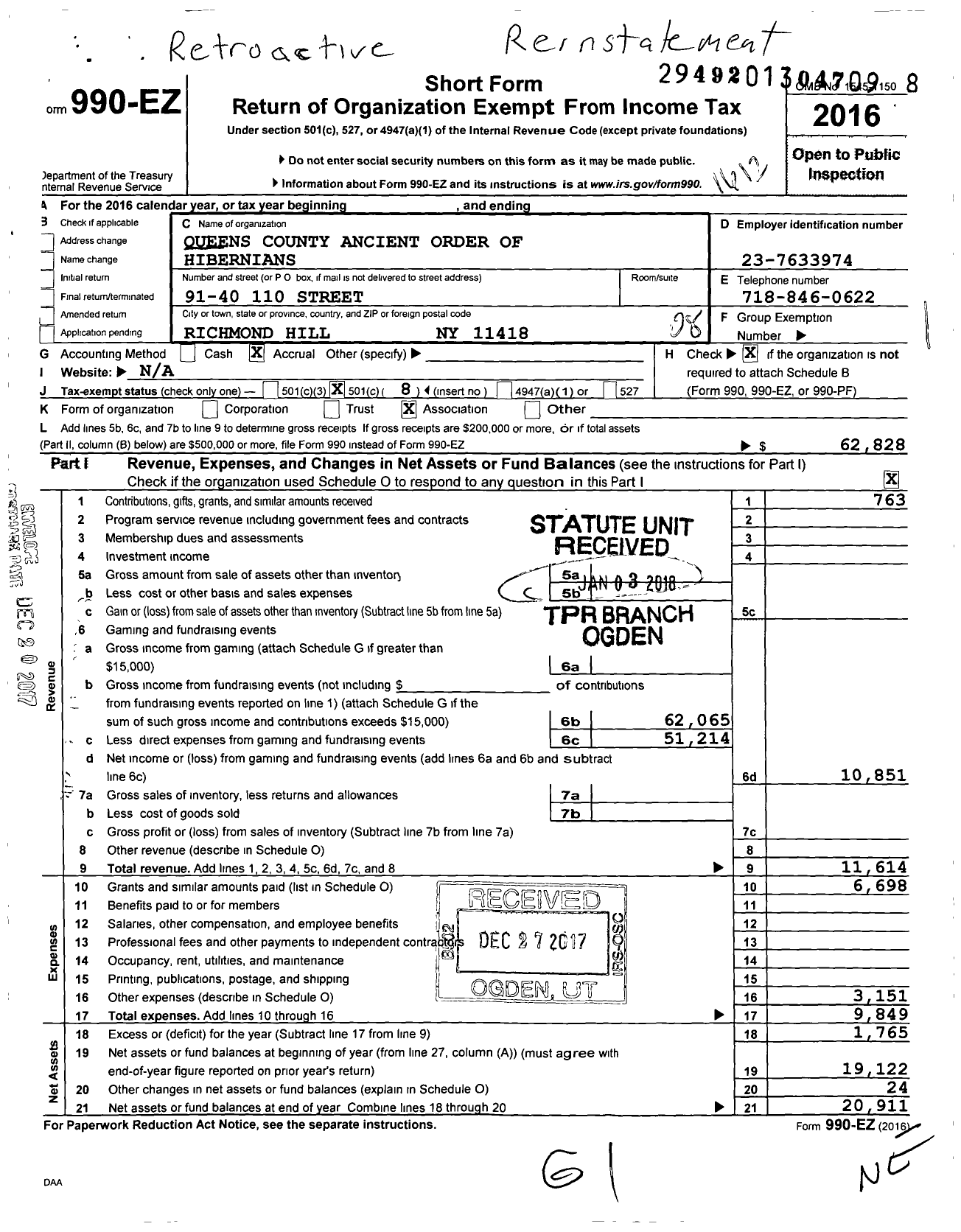 Image of first page of 2016 Form 990EO for Ancient Order of Hibernians in America / Queens County