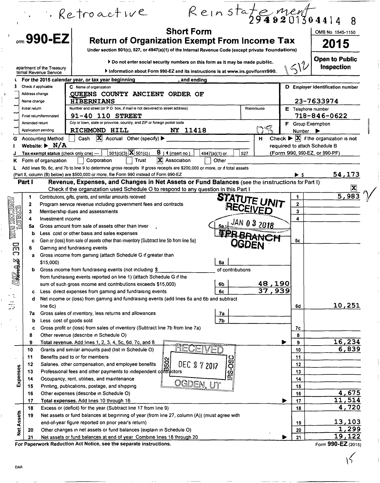 Image of first page of 2015 Form 990EO for Ancient Order of Hibernians in America / Queens County