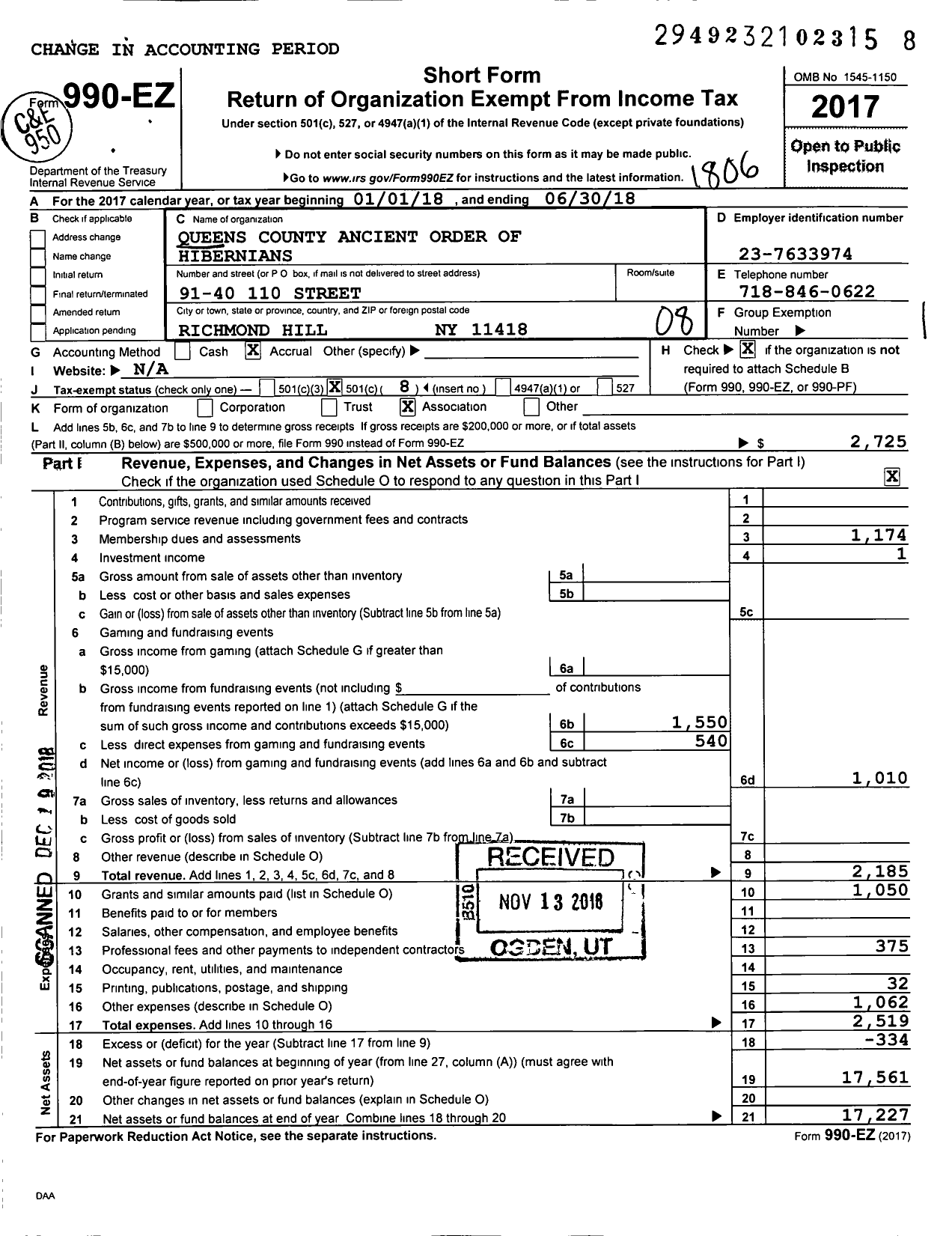 Image of first page of 2017 Form 990EO for Ancient Order of Hibernians in America / Queens County