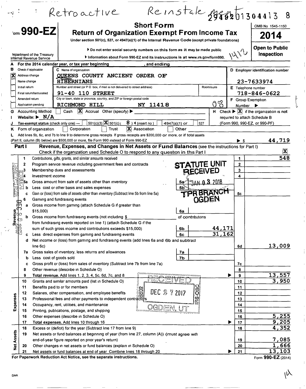 Image of first page of 2014 Form 990EO for Ancient Order of Hibernians in America / Queens County