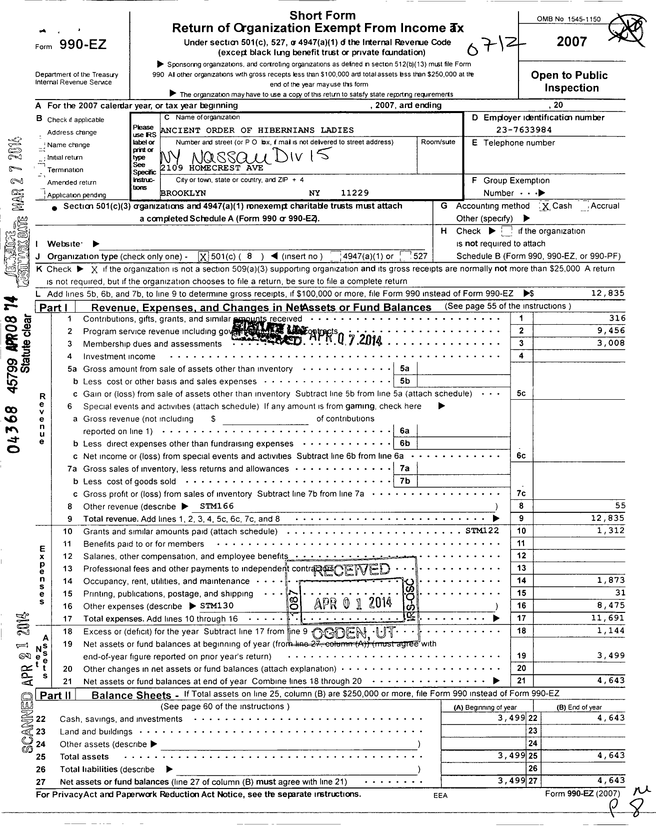 Image of first page of 2007 Form 990EO for Ancient Order of Hibernians Ladies / 15 Div Nassau Cnty Ny