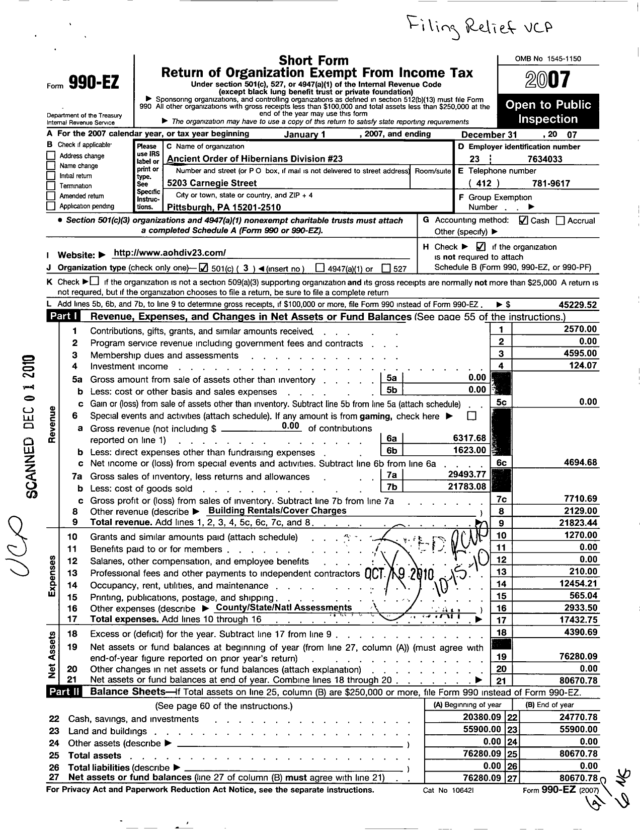 Image of first page of 2007 Form 990EZ for Ancient Order of Hibernians in America - 36 Al 23