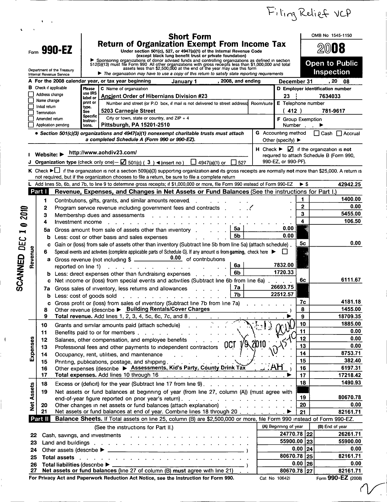 Image of first page of 2008 Form 990EZ for Ancient Order of Hibernians in America - 36 Al 23