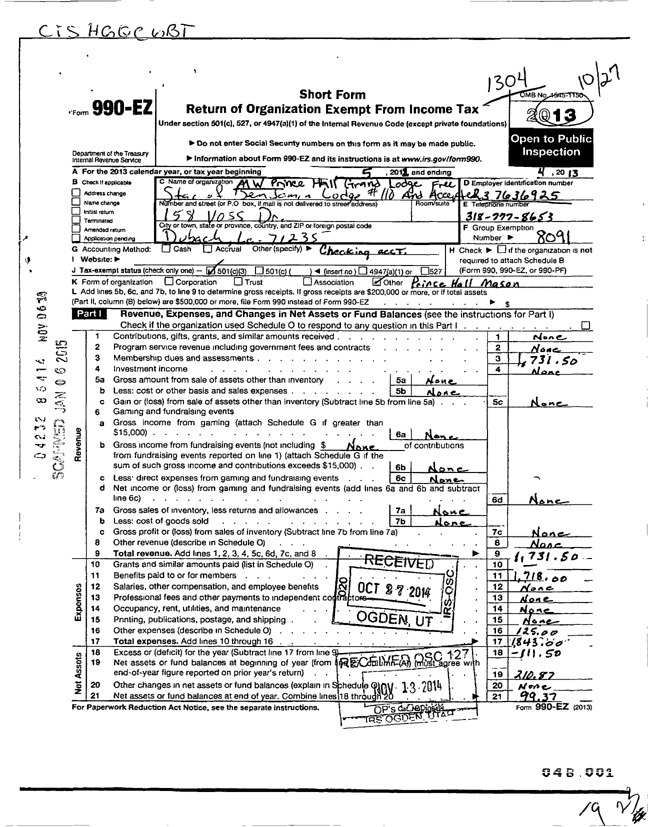 Image of first page of 2012 Form 990EZ for M W Prince Hall Grand Lodge Free and Accepted Masons of Louisiana - 110 Star of Benjamin