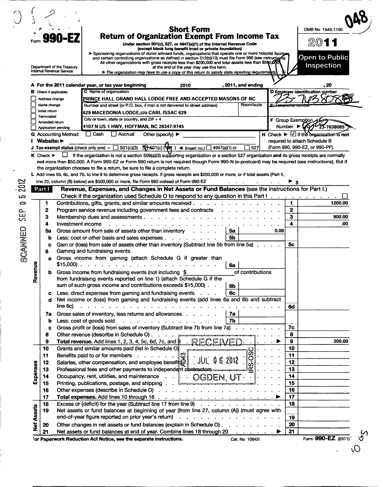 Image of first page of 2011 Form 990EO for Prince Hall Grand Lodge Free and Accepted Masons of North Carolina - 629 Macedonia Lodge