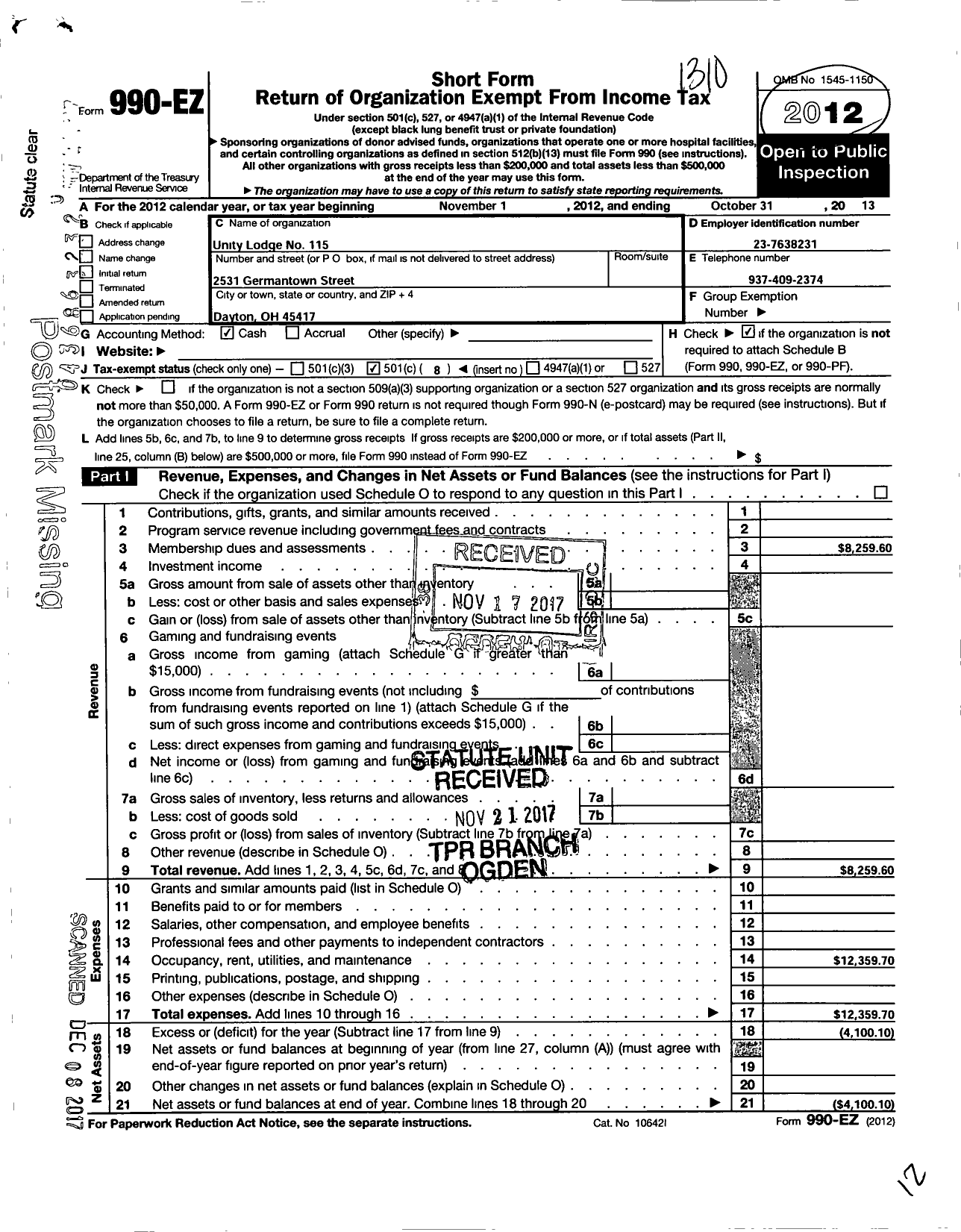 Image of first page of 2012 Form 990EO for Unity Lodge No 115 Prince Hall Free and Accepted Masons