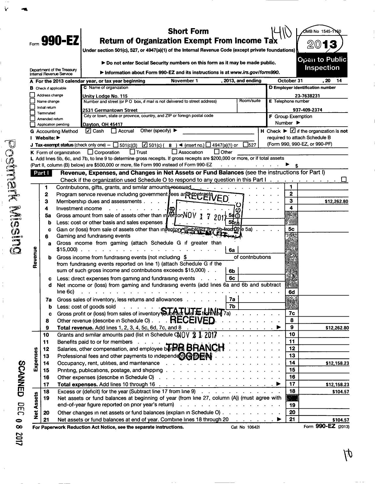 Image of first page of 2013 Form 990EO for Unity Lodge No 115 Prince Hall Free and Accepted Masons