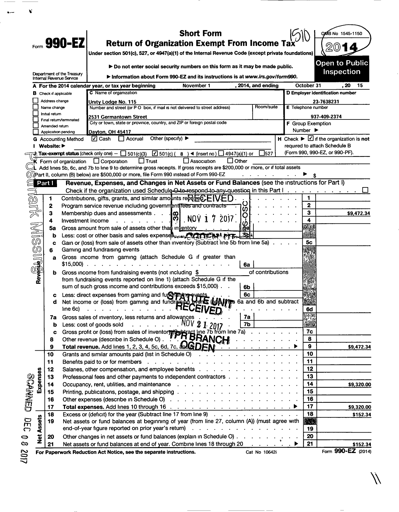 Image of first page of 2014 Form 990EO for Unity Lodge No 115 Prince Hall Free and Accepted Masons