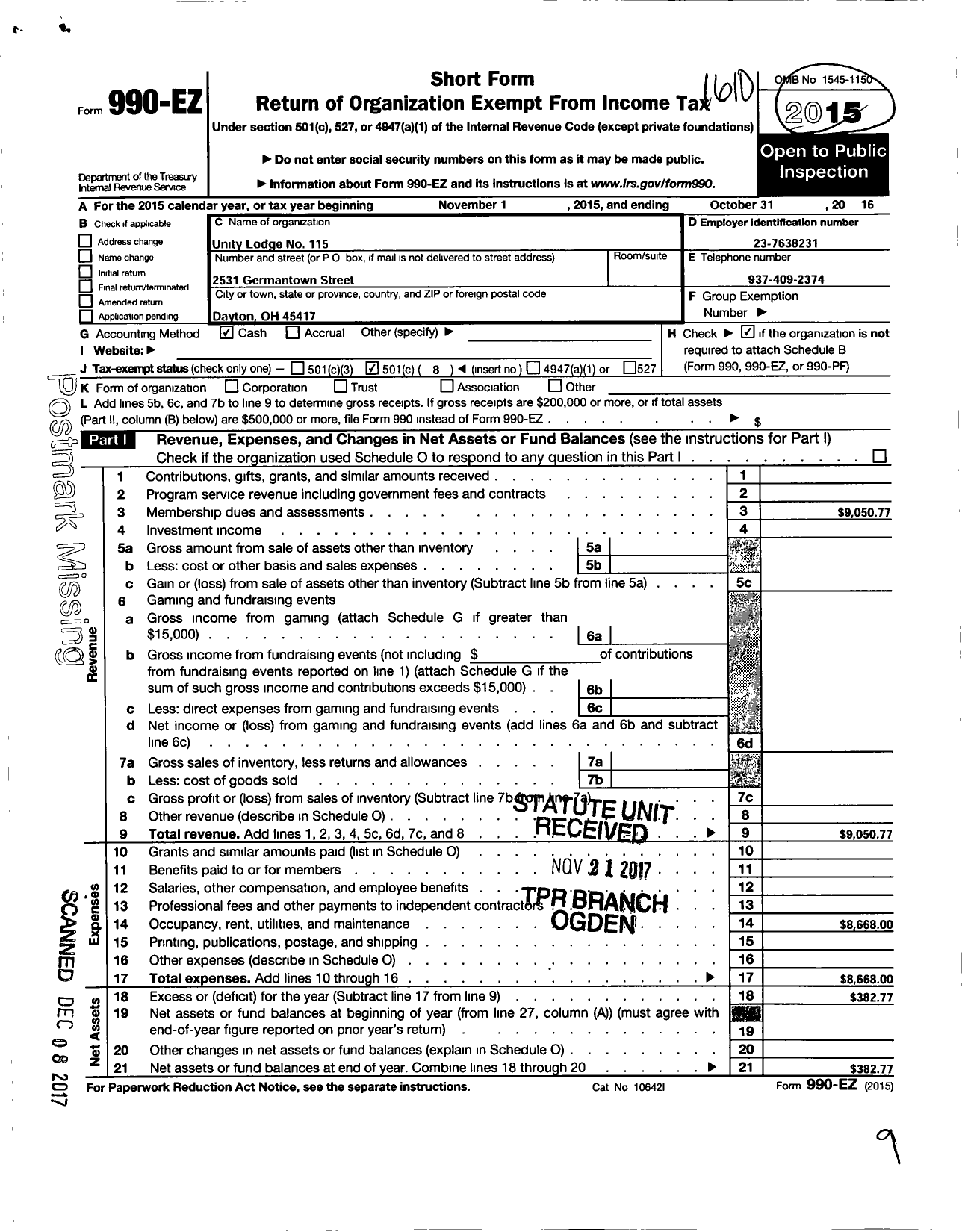 Image of first page of 2015 Form 990EO for Unity Lodge No 115 Prince Hall Free and Accepted Masons