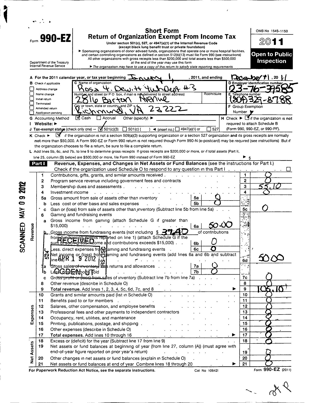 Image of first page of 2011 Form 990EZ for Virginia Free and Accepted Masons - 44 Trintiy Lodge