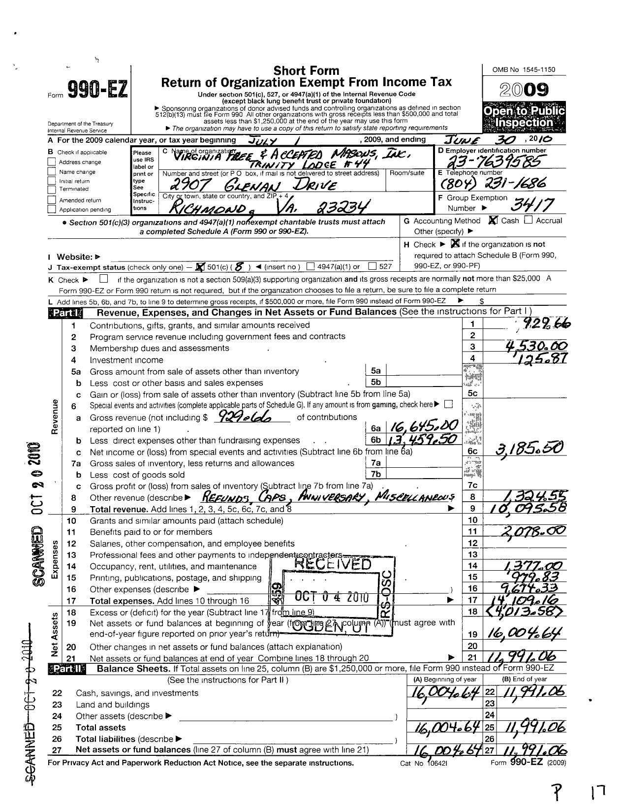 Image of first page of 2009 Form 990EO for Virginia Free and Accepted Masons - 44 Trintiy Lodge