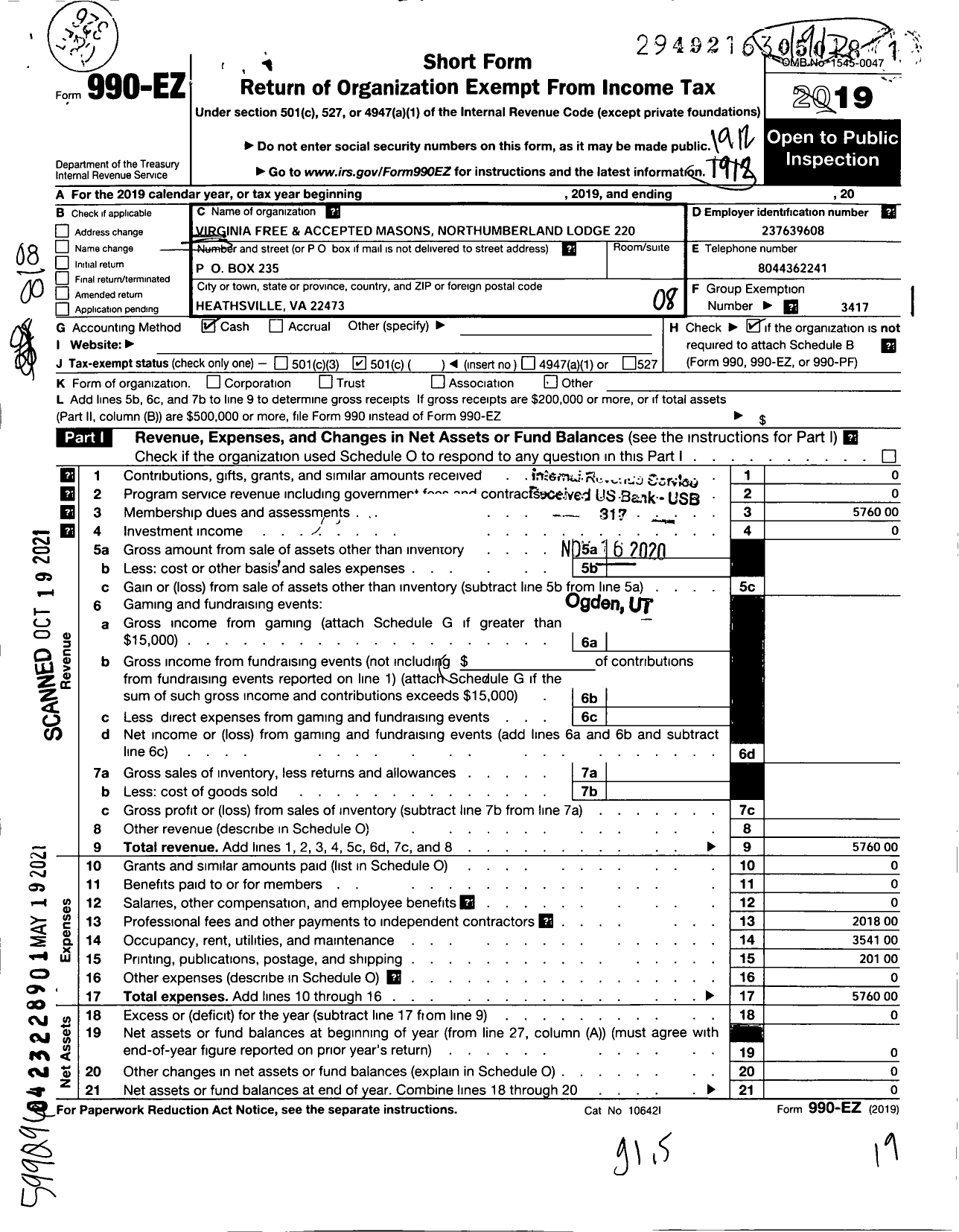 Image of first page of 2019 Form 990EO for Virginia Free and Accepted Masons - 220 Northumberland Lodge