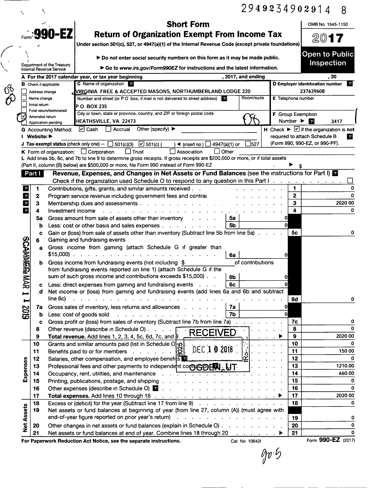 Image of first page of 2017 Form 990EO for Virginia Free and Accepted Masons - 220 Northumberland Lodge