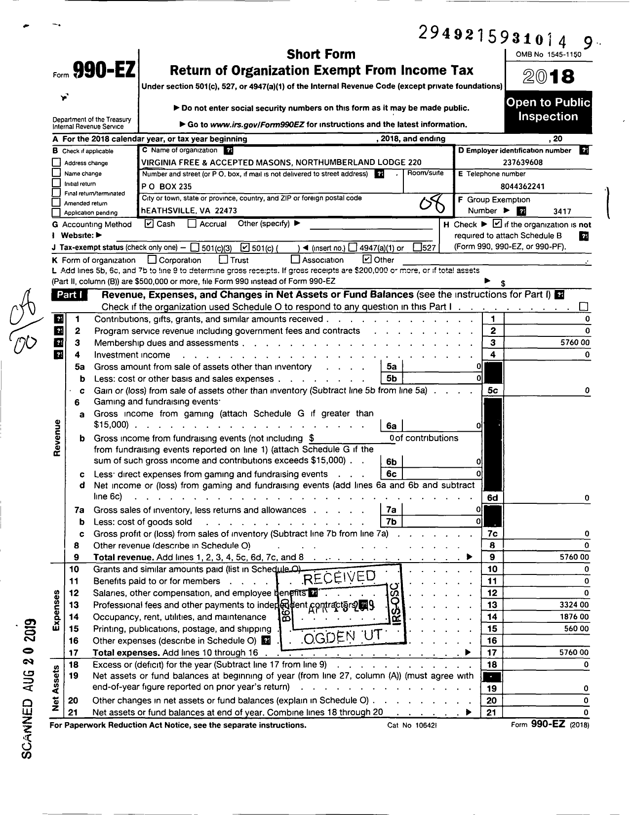 Image of first page of 2018 Form 990EO for Virginia Free and Accepted Masons - 220 Northumberland Lodge