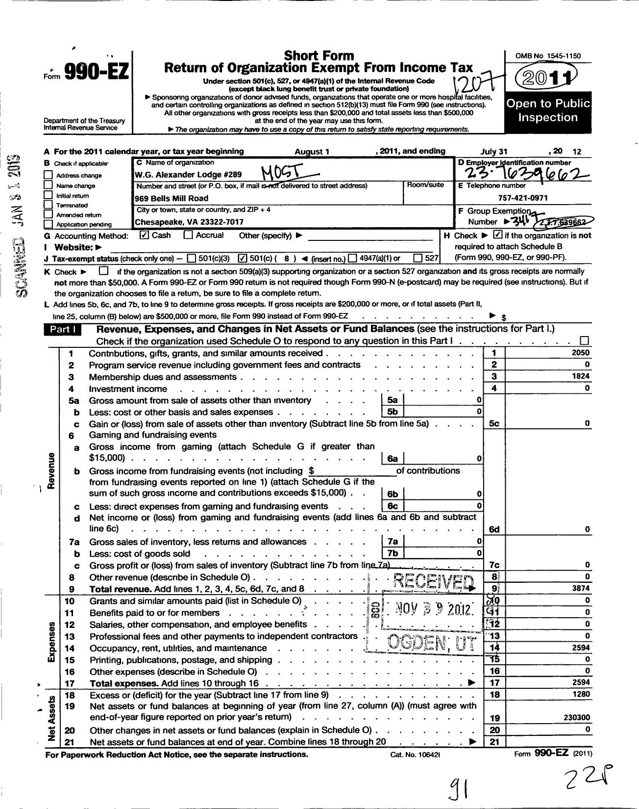 Image of first page of 2011 Form 990EO for Most Worshipful Prince Hall Grand Lodge of Virginia F and A Masons - 289 W G Alexander Lodge