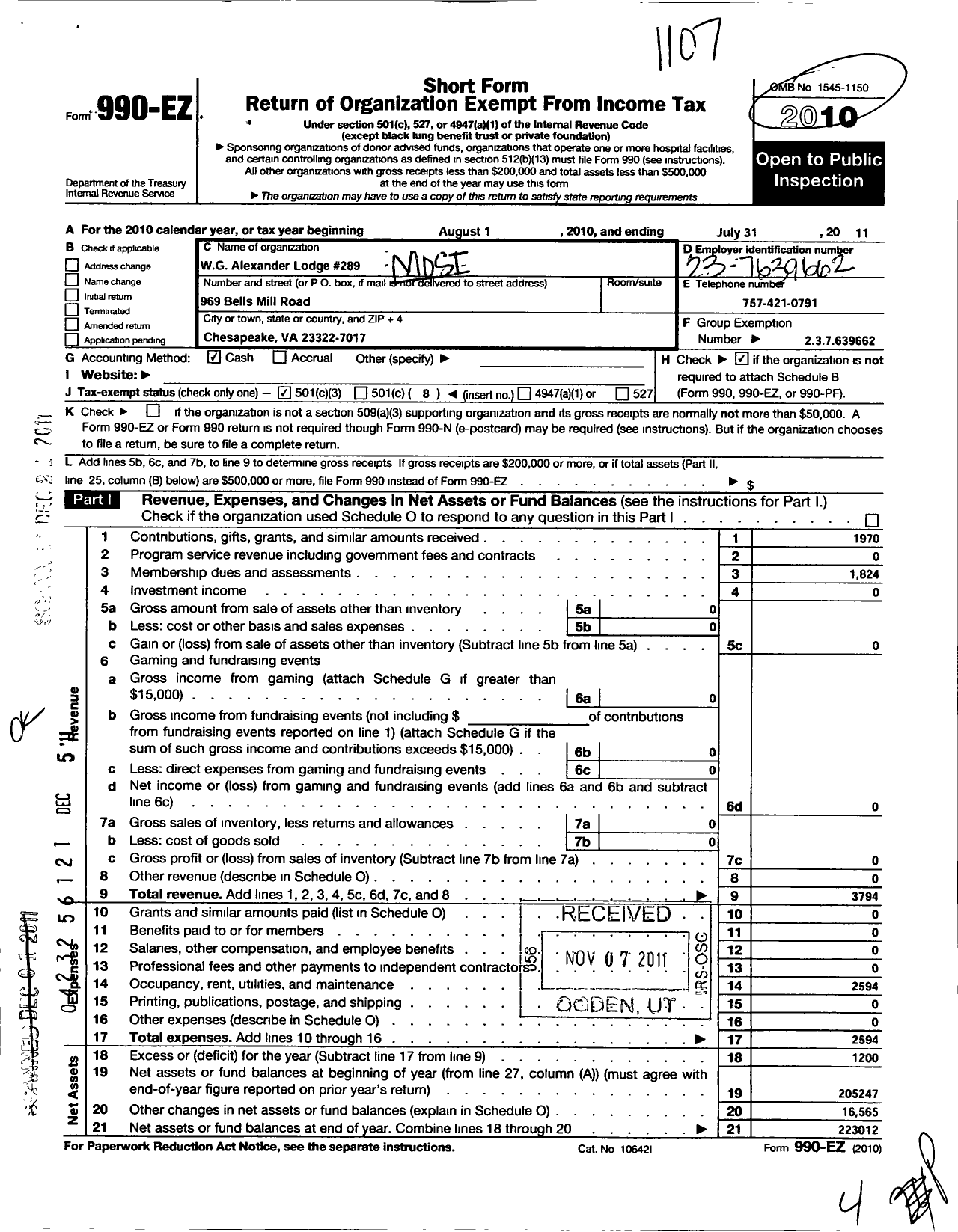 Image of first page of 2010 Form 990EO for Most Worshipful Prince Hall Grand Lodge of Virginia F and A Masons - 289 W G Alexander Lodge