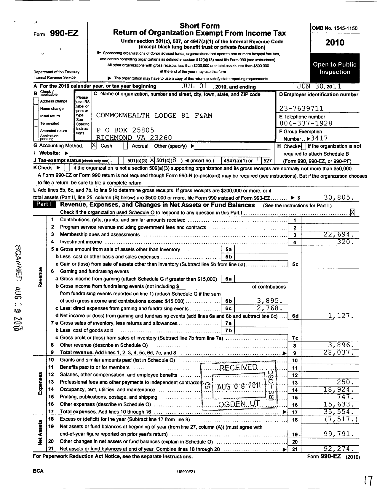 Image of first page of 2010 Form 990EO for Virginia Free and Accepted Masons - 81 Commonwealth Lodge