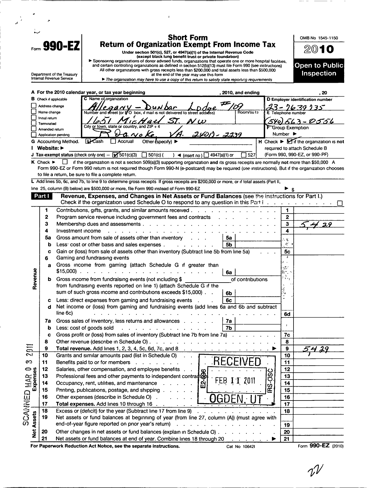 Image of first page of 2010 Form 990EZ for Most Worshipful Prince Hall Grand Lodge of Virginia F and A Masons - 109 Alleghany-Dunbar Lodge