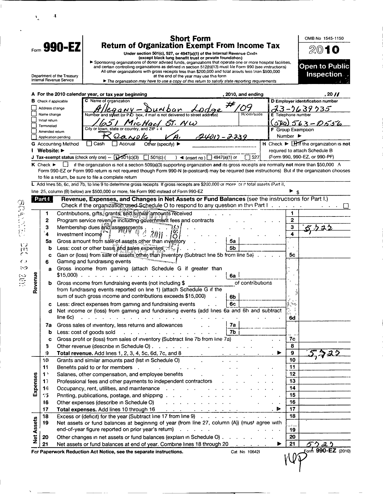 Image of first page of 2011 Form 990EZ for Most Worshipful Prince Hall Grand Lodge of Virginia F and A Masons - 109 Alleghany-Dunbar Lodge