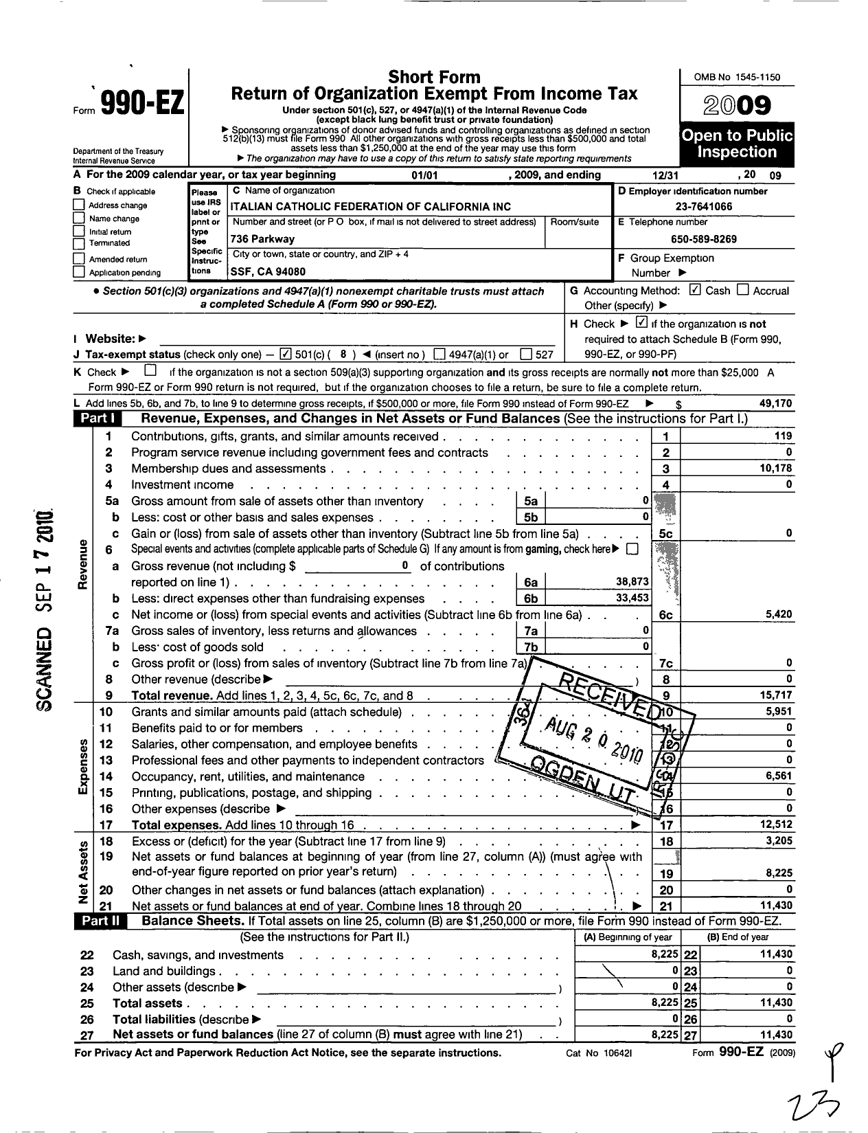 Image of first page of 2009 Form 990EO for Italian Catholic Federation of California - 7 Sacro Cuore