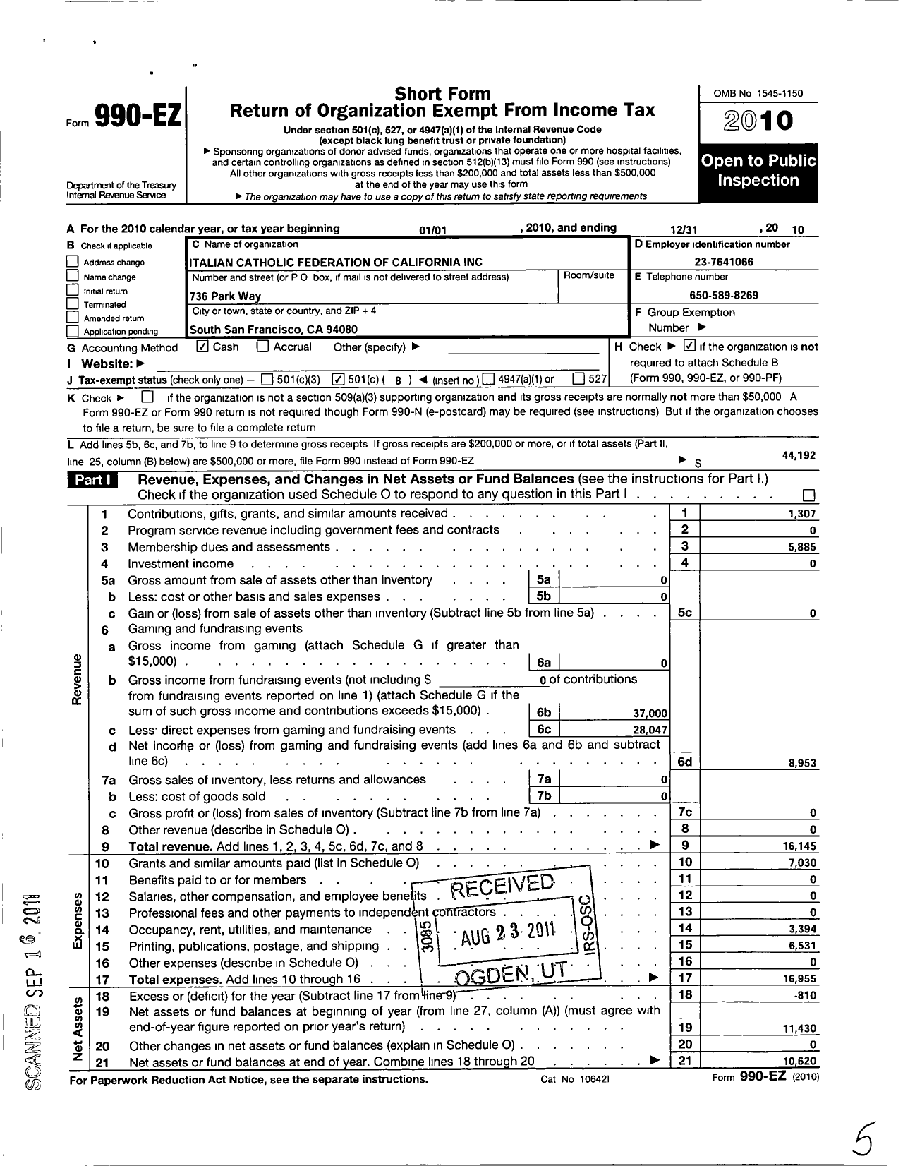 Image of first page of 2010 Form 990EO for Italian Catholic Federation of California - 7 Sacro Cuore