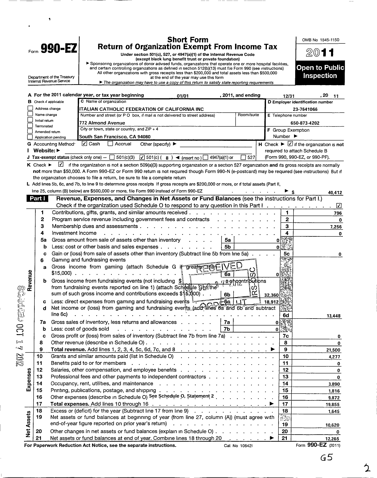 Image of first page of 2011 Form 990EO for Italian Catholic Federation of California - 7 Sacro Cuore