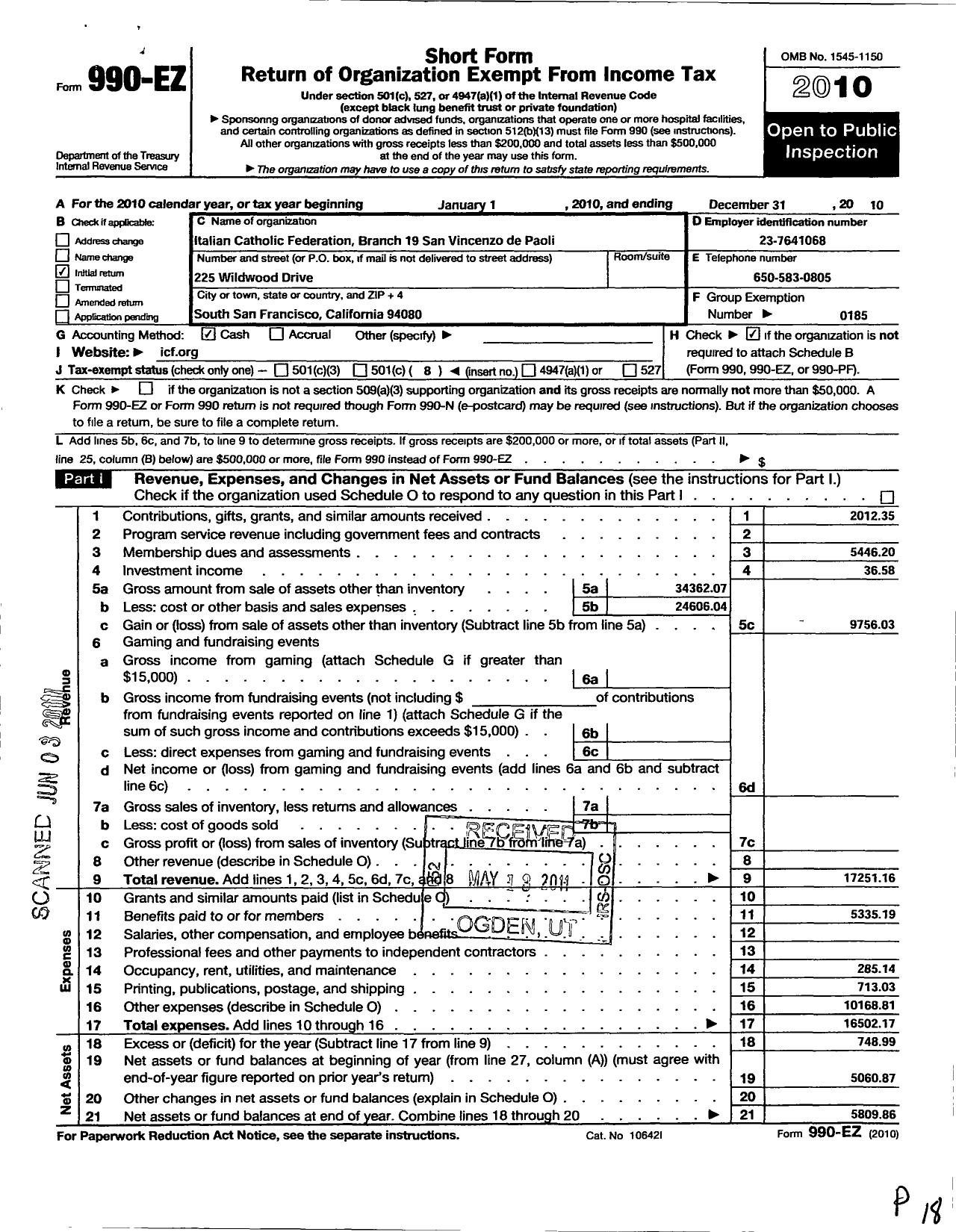 Image of first page of 2010 Form 990EO for Italian Catholic Federation of California - 19 San Vincenzo de Paoli