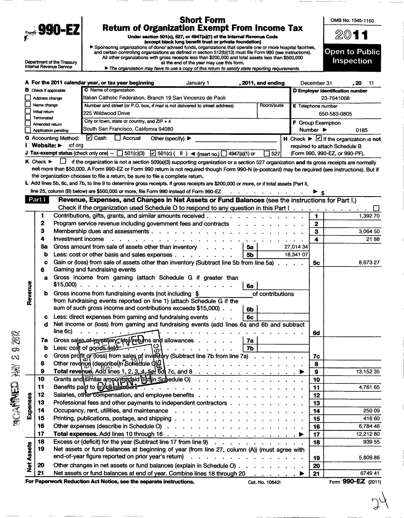 Image of first page of 2011 Form 990EO for Italian Catholic Federation of California - 19 San Vincenzo de Paoli