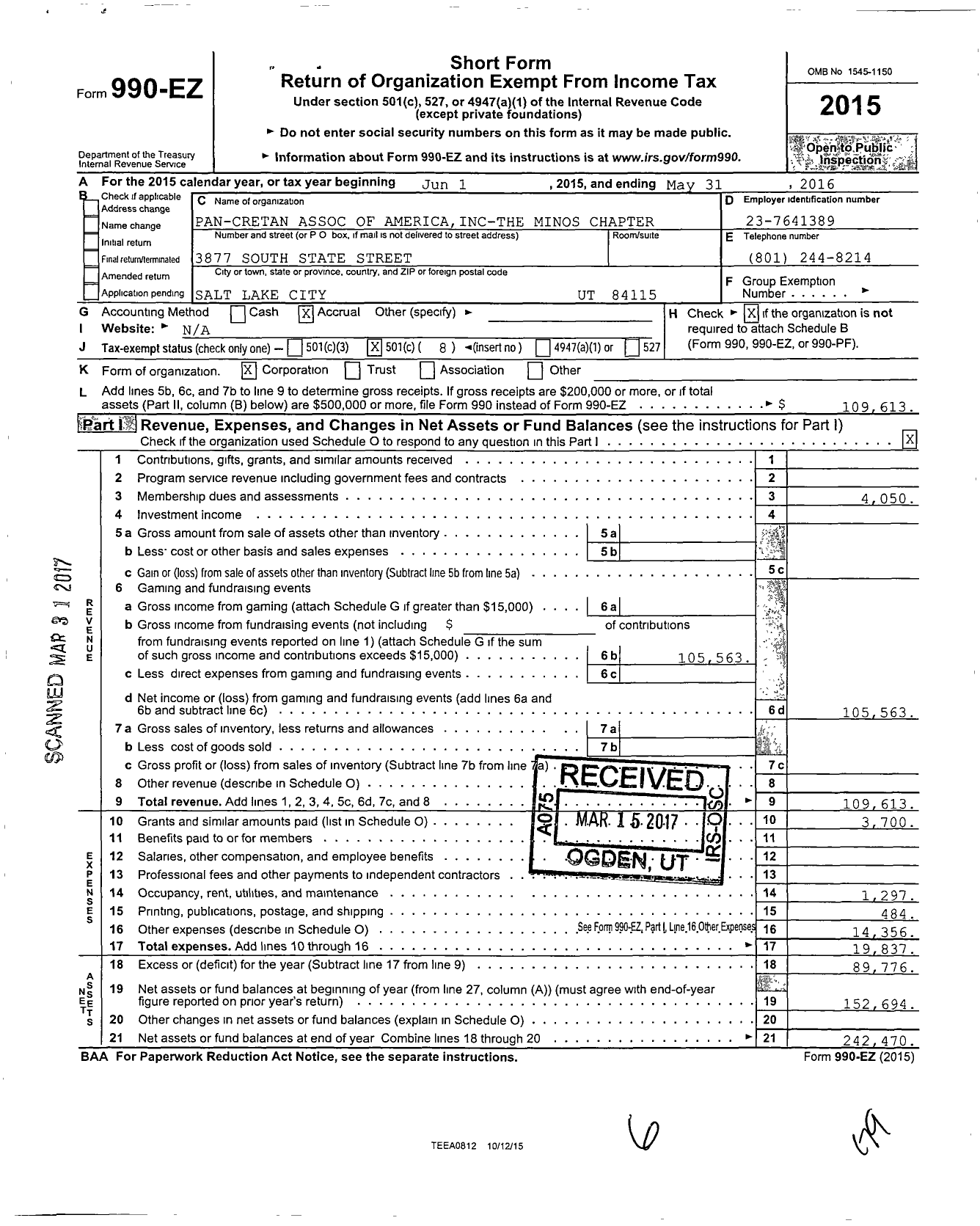 Image of first page of 2015 Form 990EO for Pancretan Association of America / Cretan Assn Minos of Salt Lake City