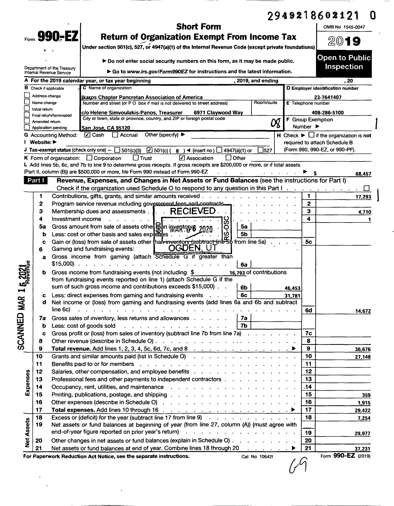 Image of first page of 2019 Form 990EO for Ikaros Chapter Pancretan Association of America