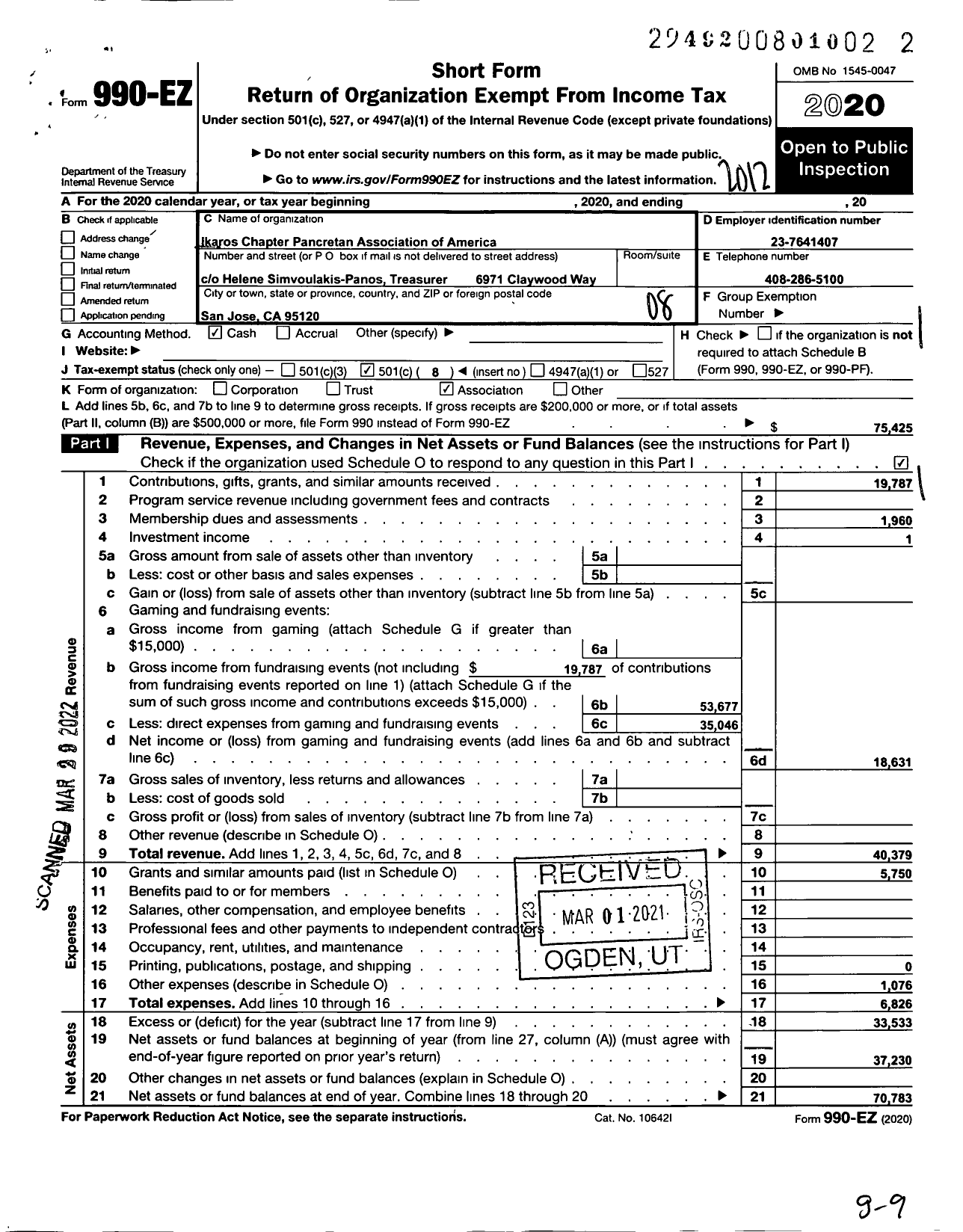 Image of first page of 2020 Form 990EO for Ikaros Chapter Pancretan Association of America